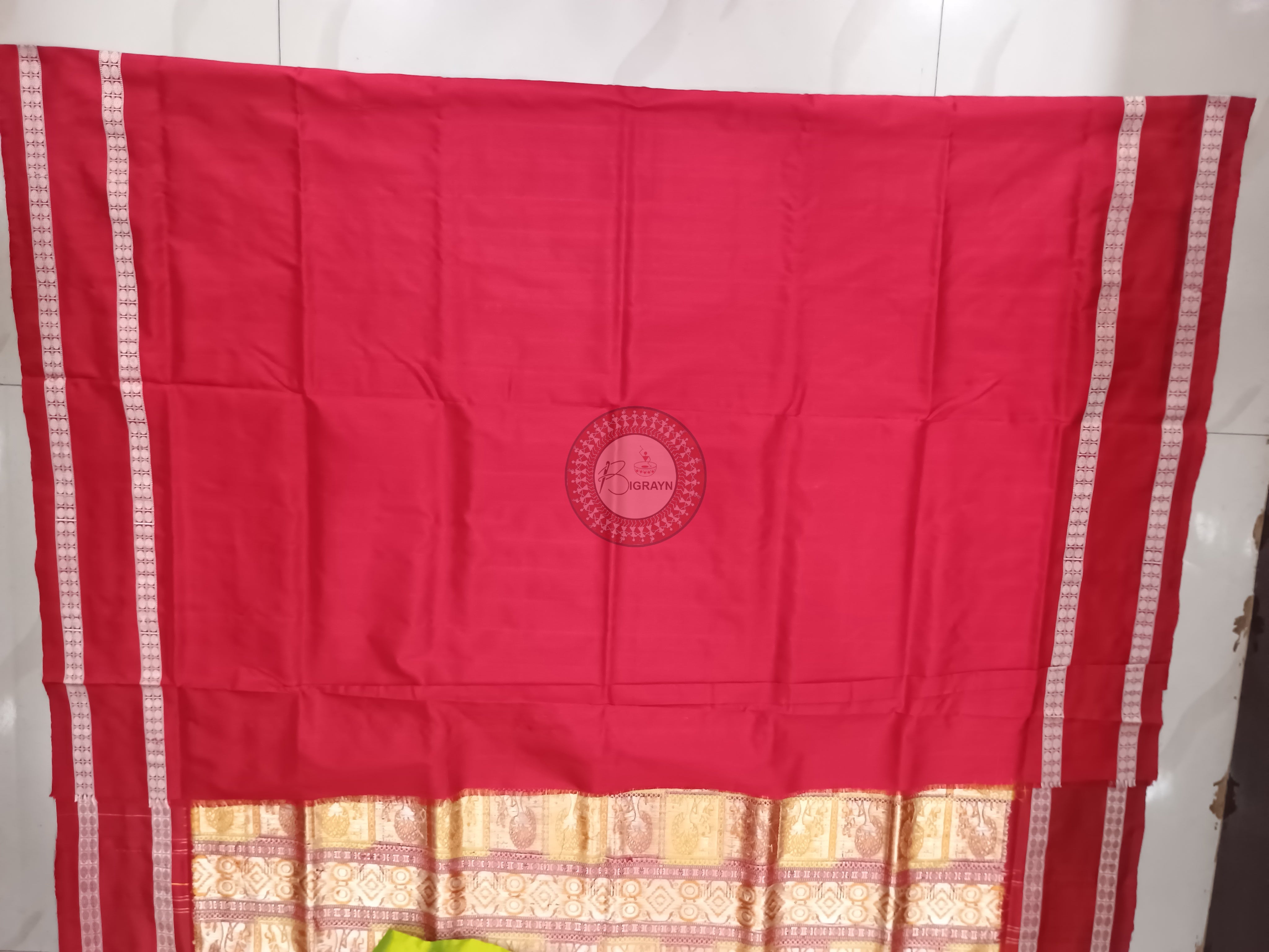 Neon Green Red Pasapali Border Bomkai Silk Saree