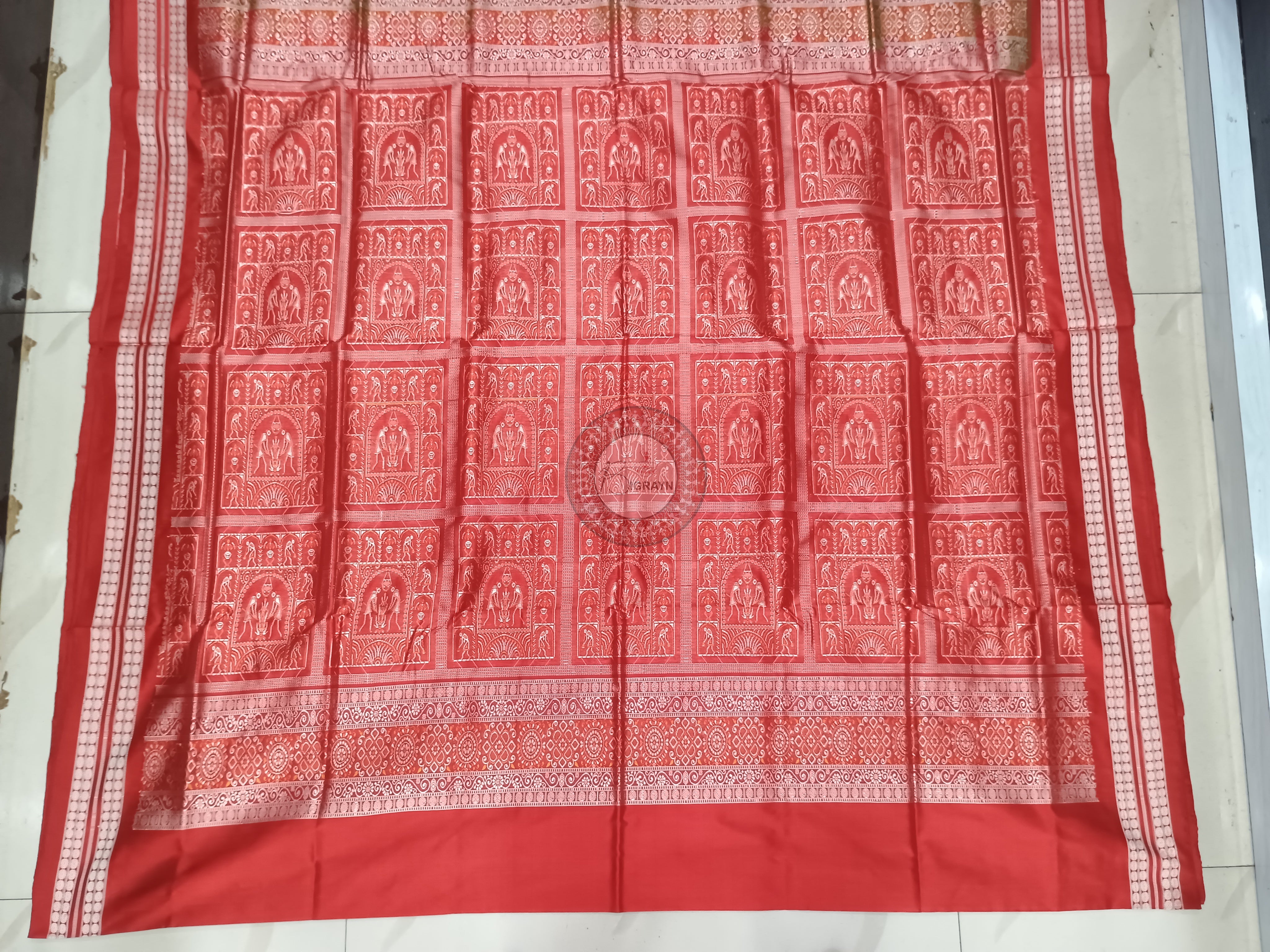 Mehendi Green Red Tribal Bomkai Silk Saree