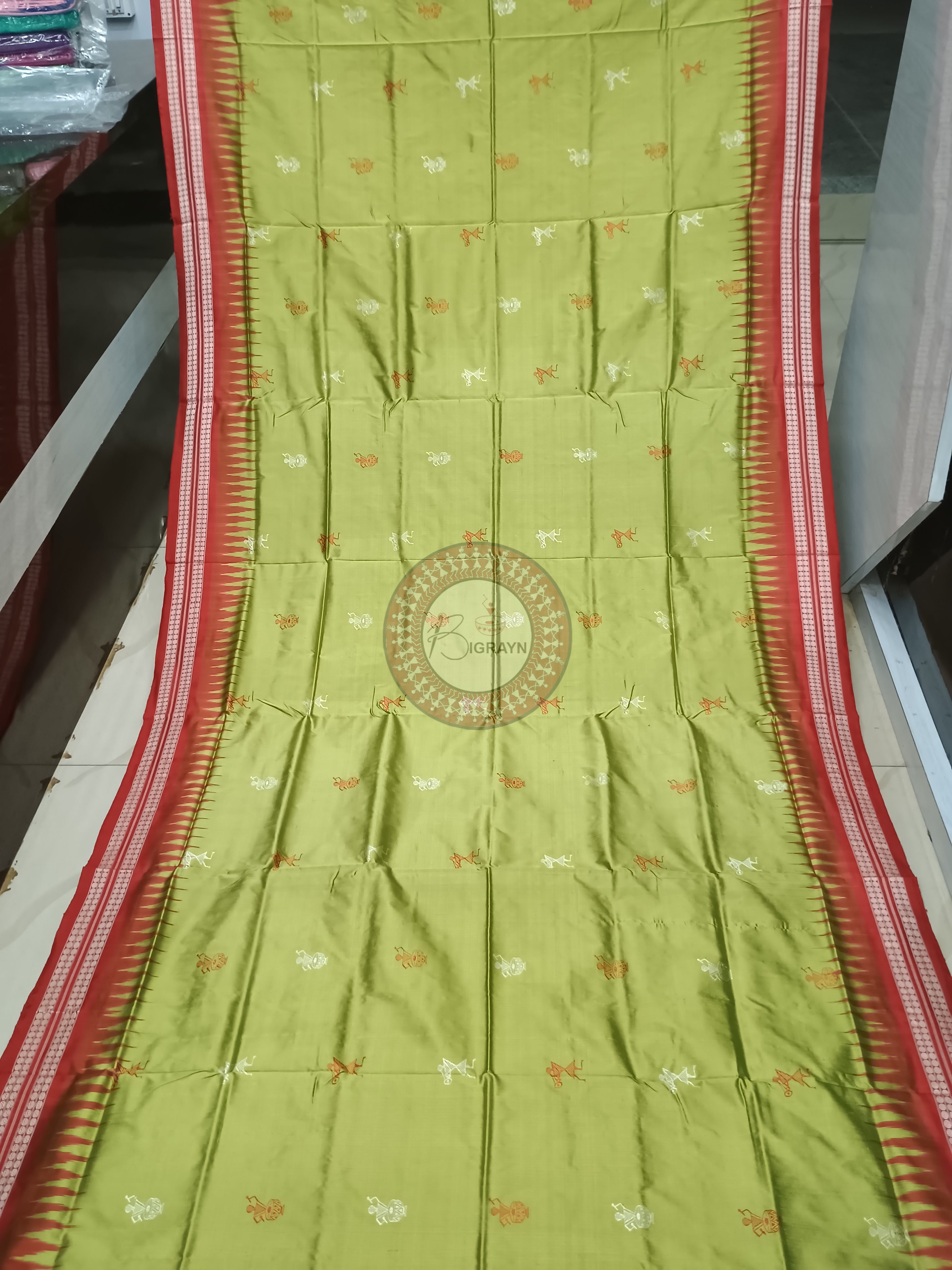 Mehendi Green Red Tribal Bomkai Silk Saree