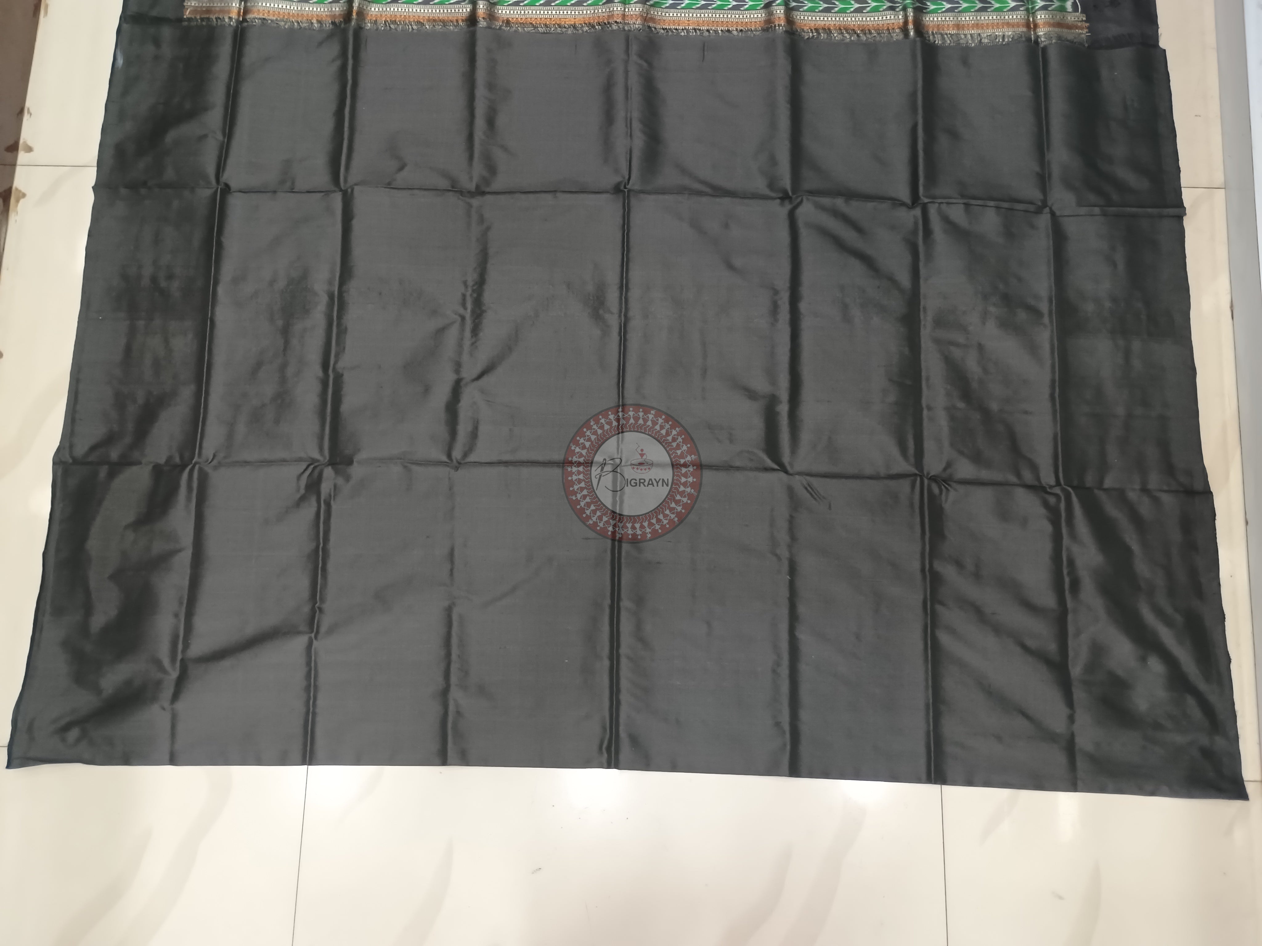 Green Black Flower Design Plain Border Bomkai Silk Saree