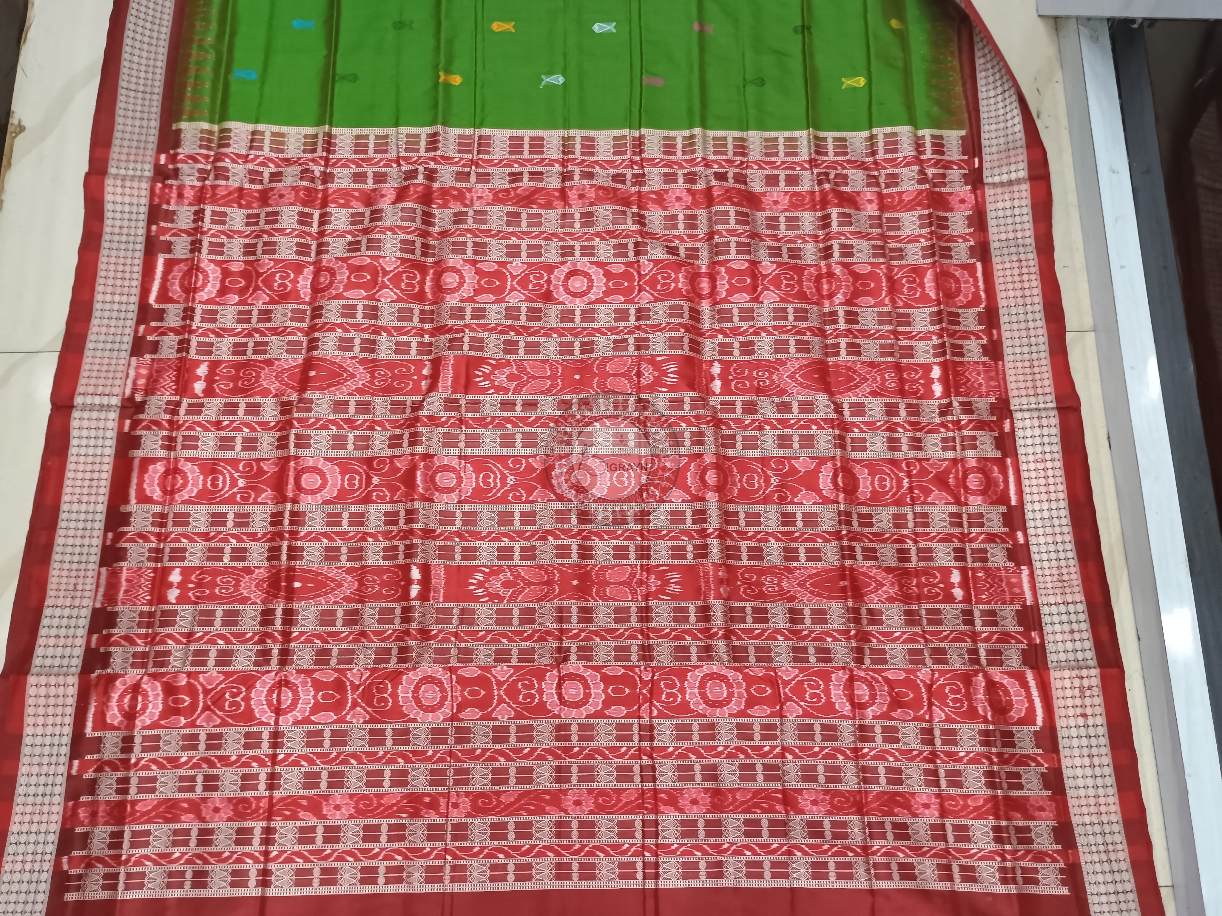 Green Maroon Fish Buti Bomkai Silk Saree