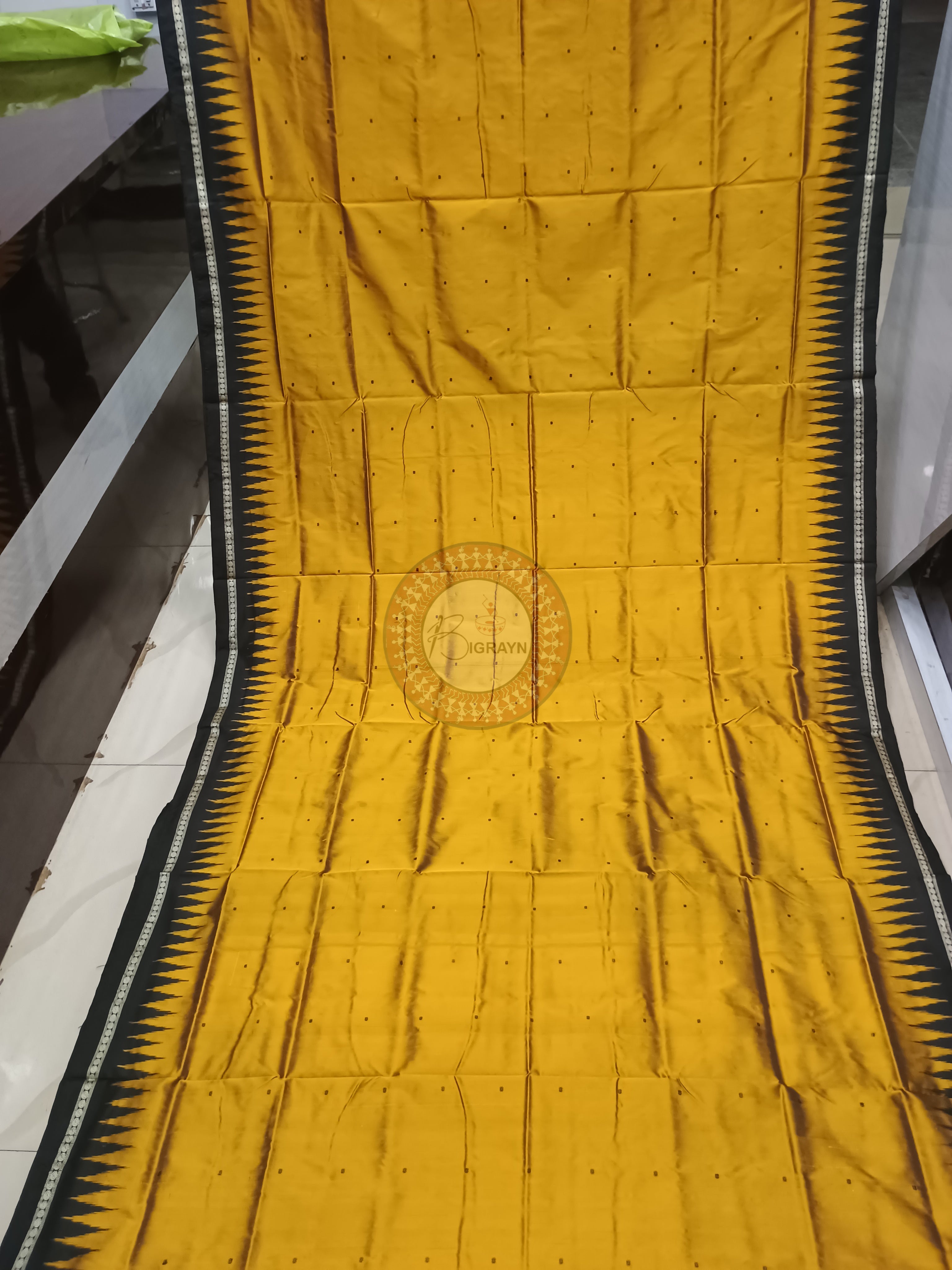 Mustard Yellow Black Ek Phulia Bomkai Silk Saree