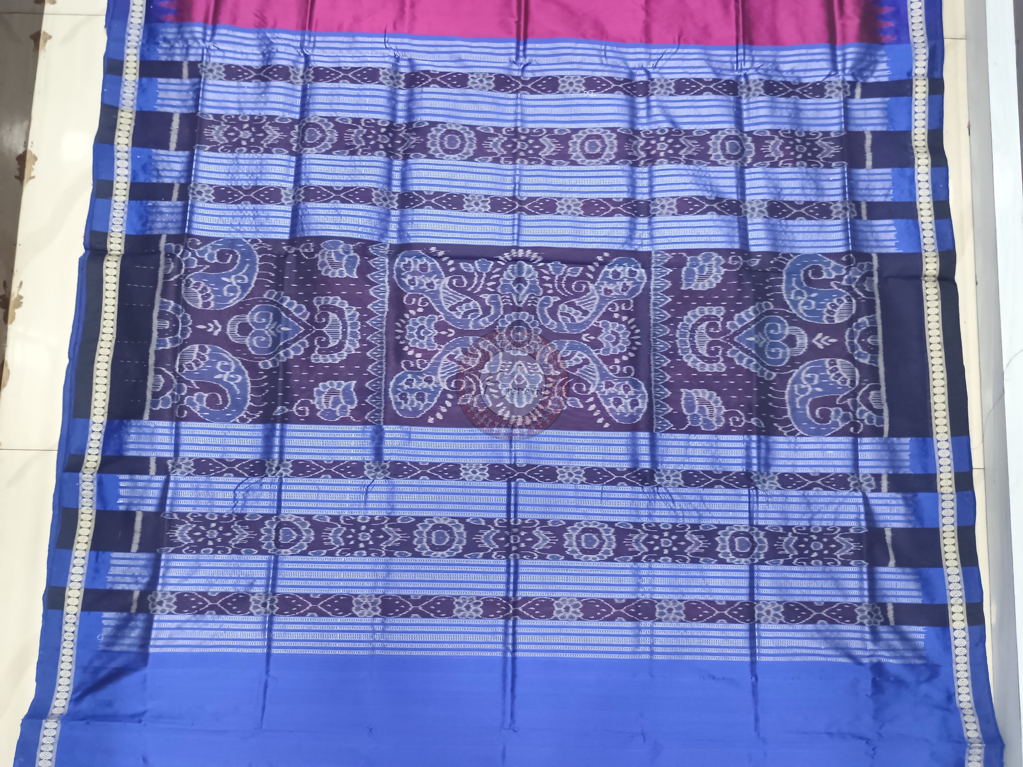 Magenta Blue Ek Phulia Odisha Handloom Bomkai Silk Saree