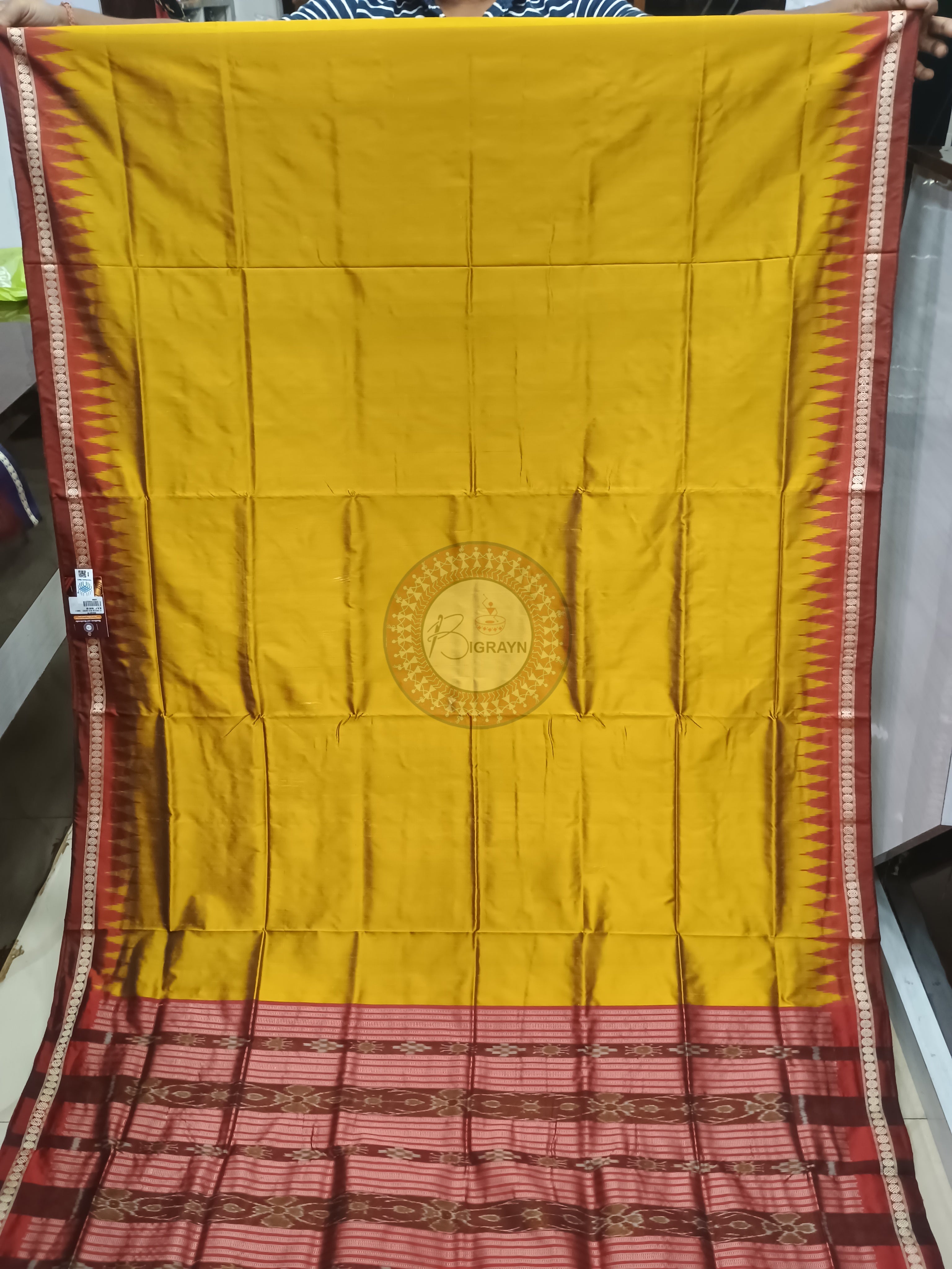 Mustard Yellow Maroon Odisha Handloom Bomkai Silk Saree
