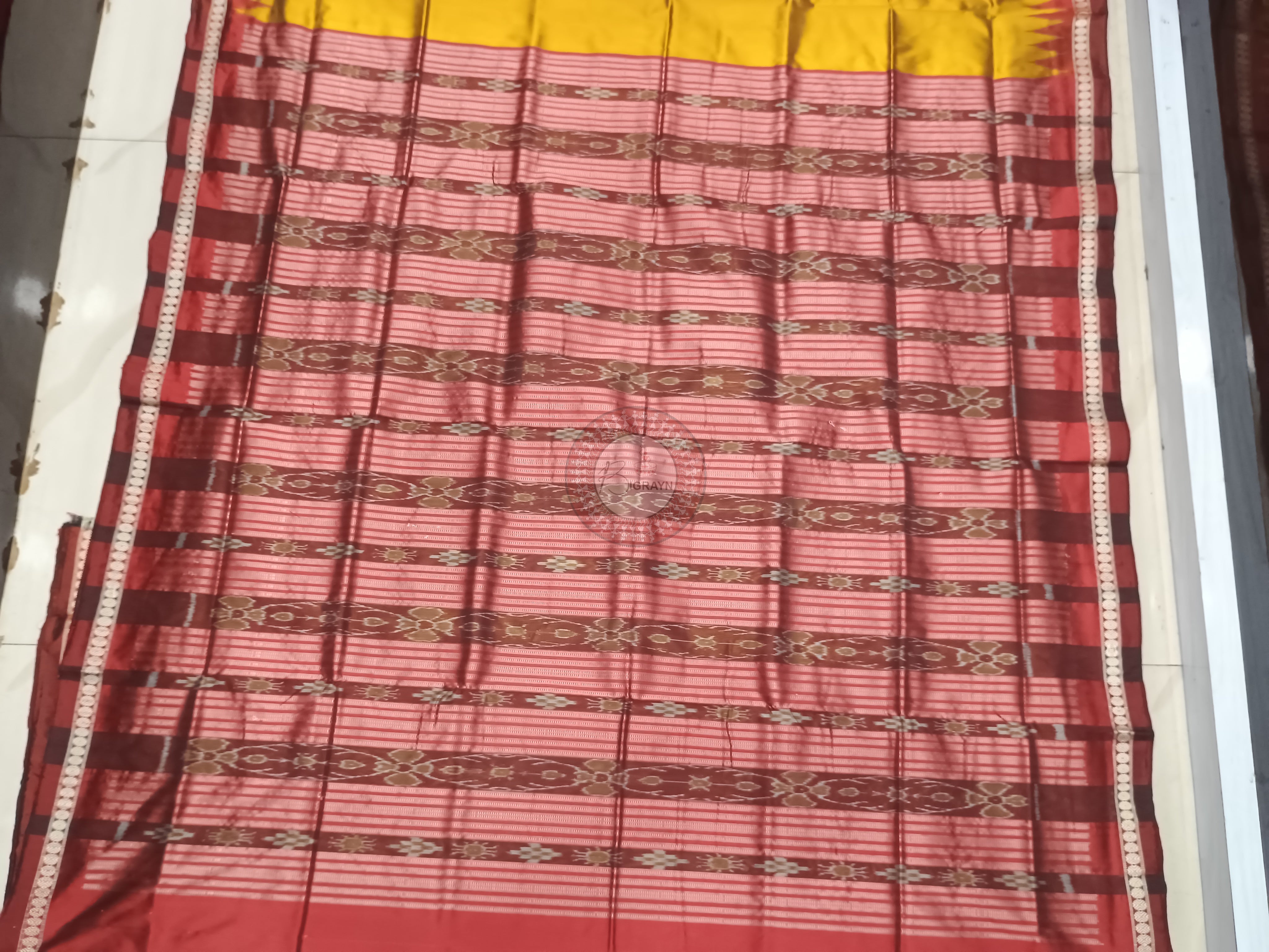 Mustard Yellow Maroon Odisha Handloom Bomkai Silk Saree