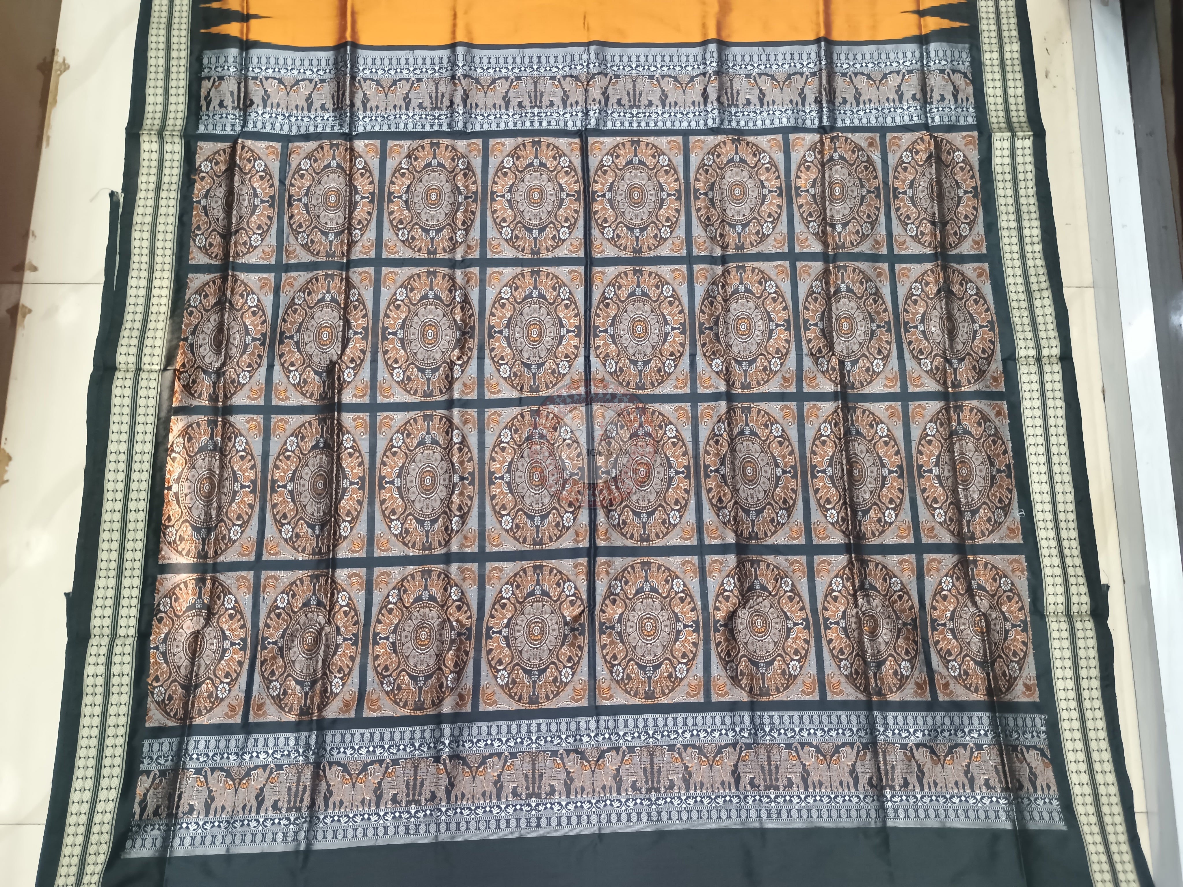 Mustard Yellow Black Buti Bomkai Silk Saree