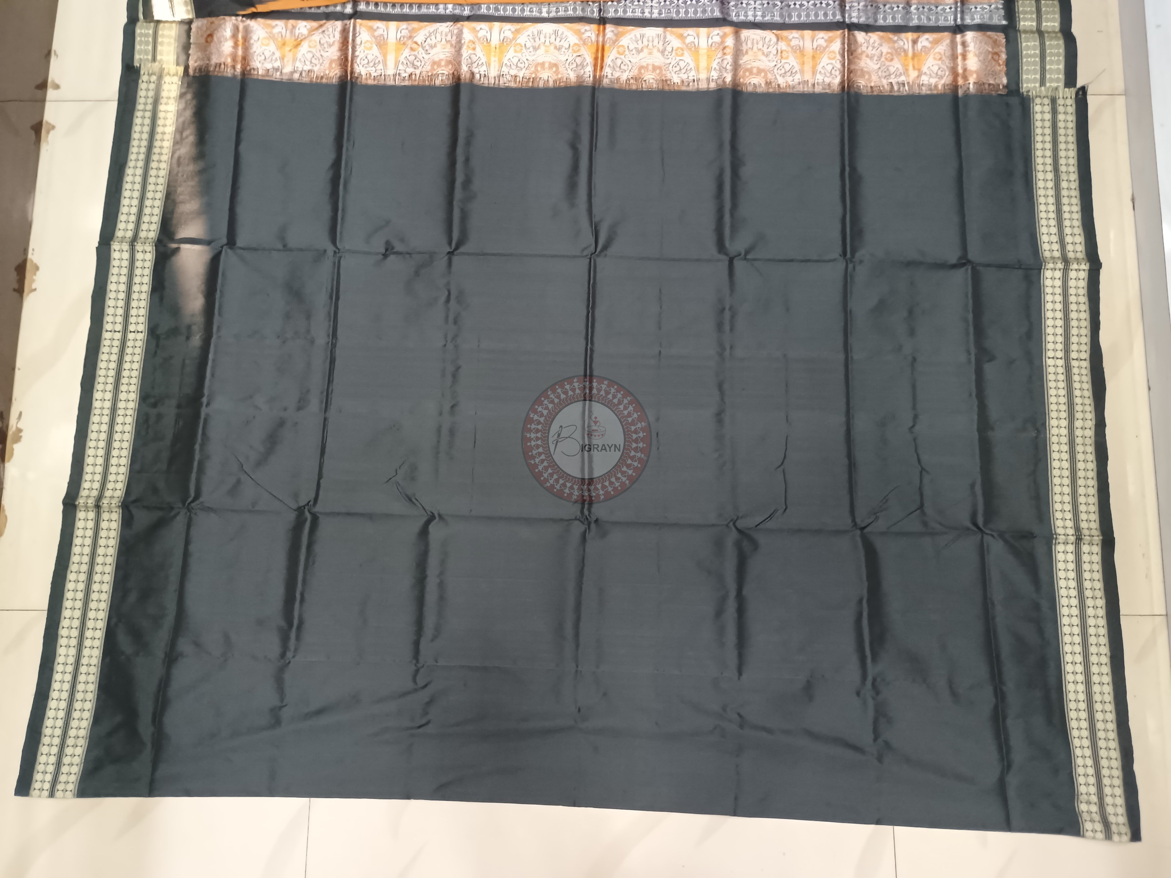 Mustard Yellow Black Buti Bomkai Silk Saree