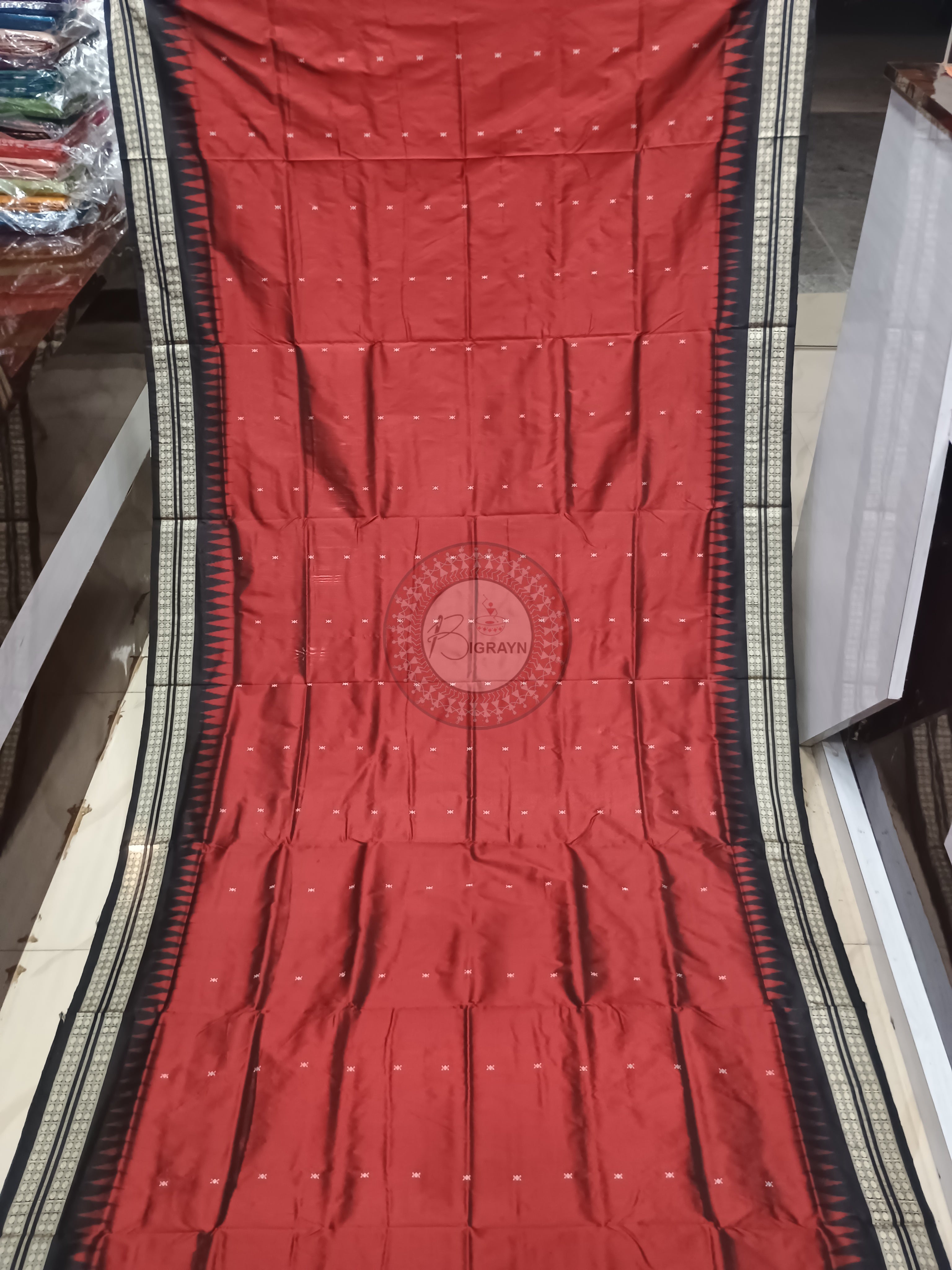 Maroon Black Buti Odisha Handloom Bomkai Silk Saree
