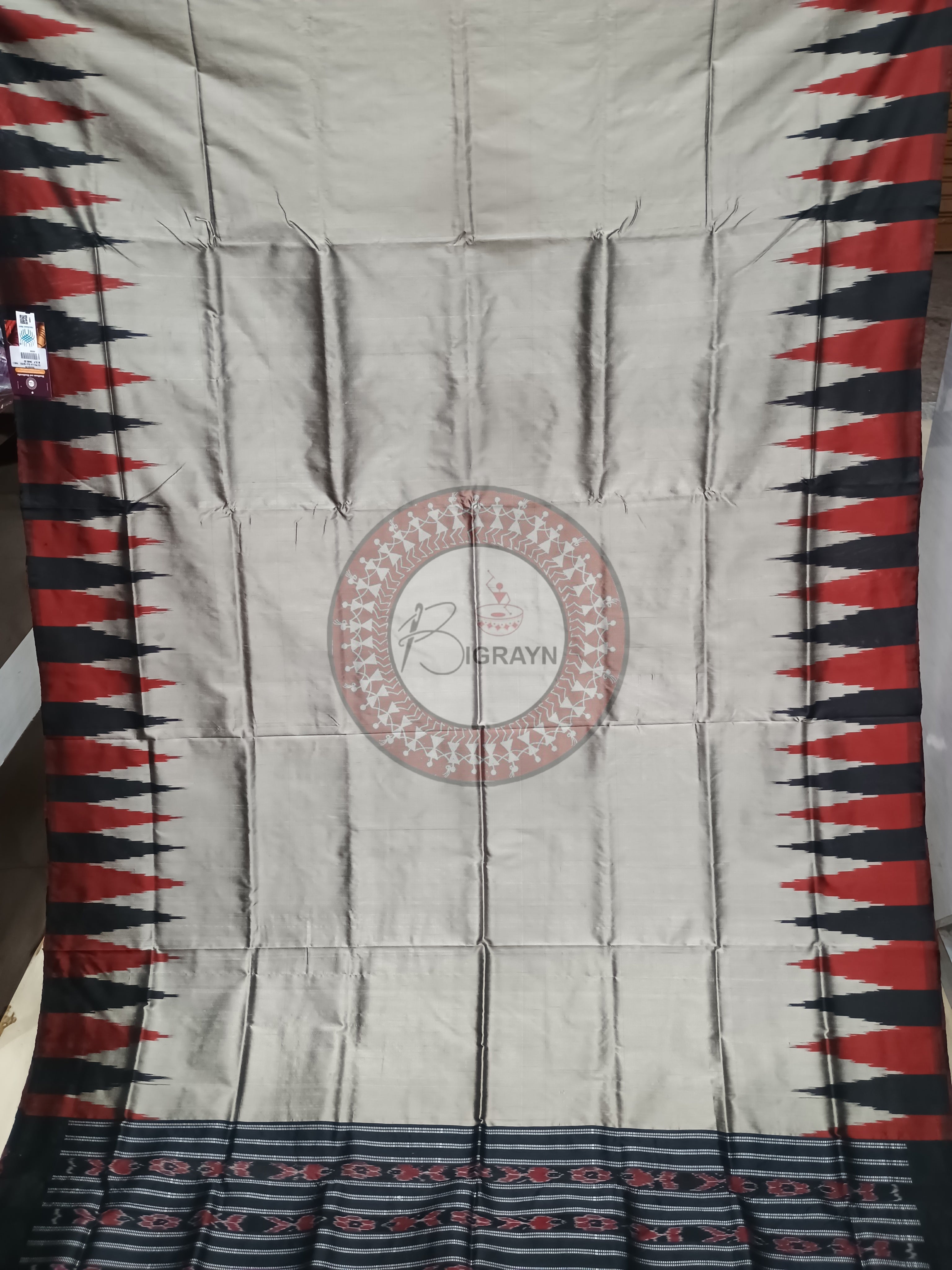 Grey Black Maroon Temple Bomkai Silk Saree