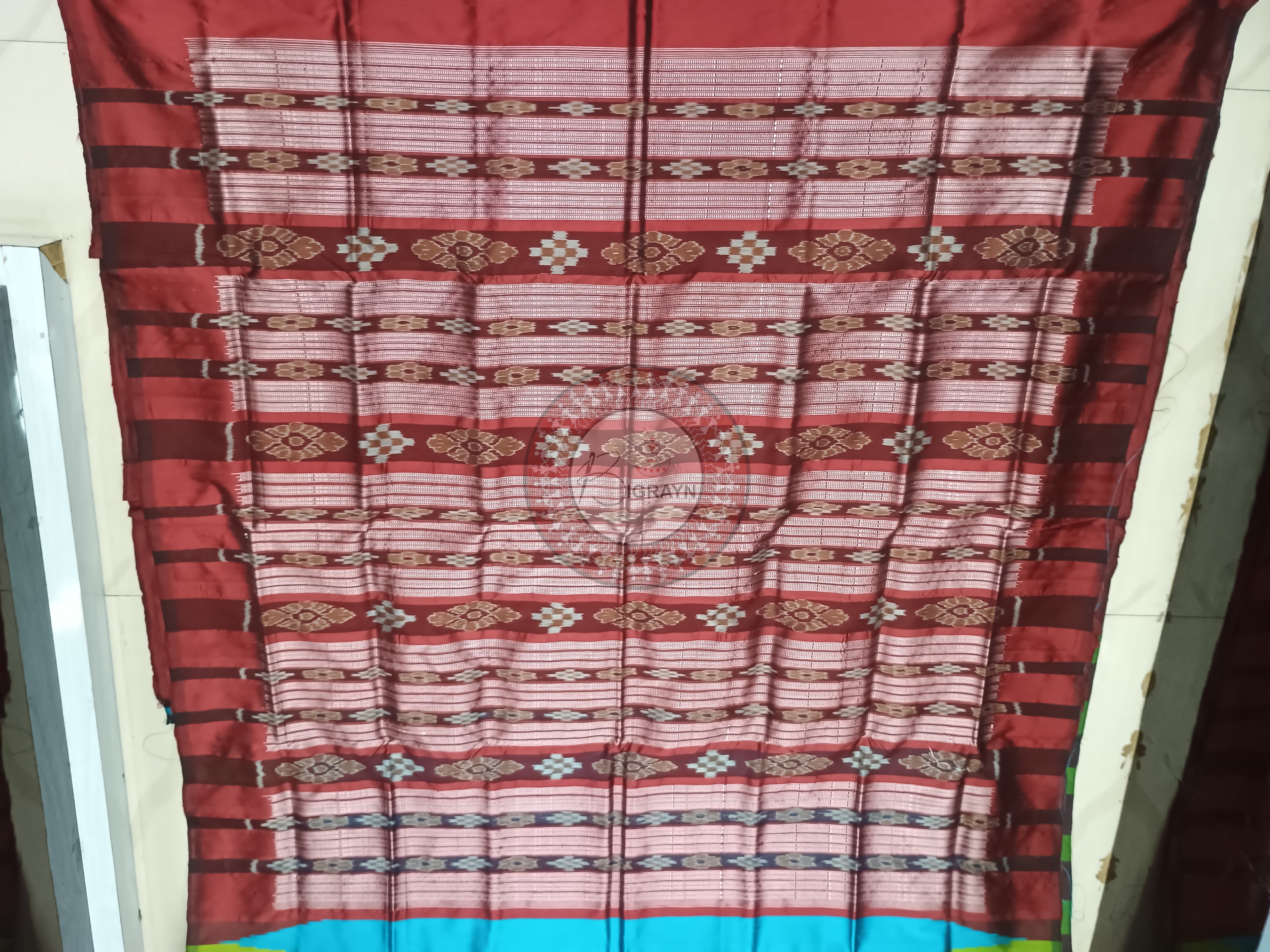 Sky Green Maroon Temple Bomkai Silk Saree