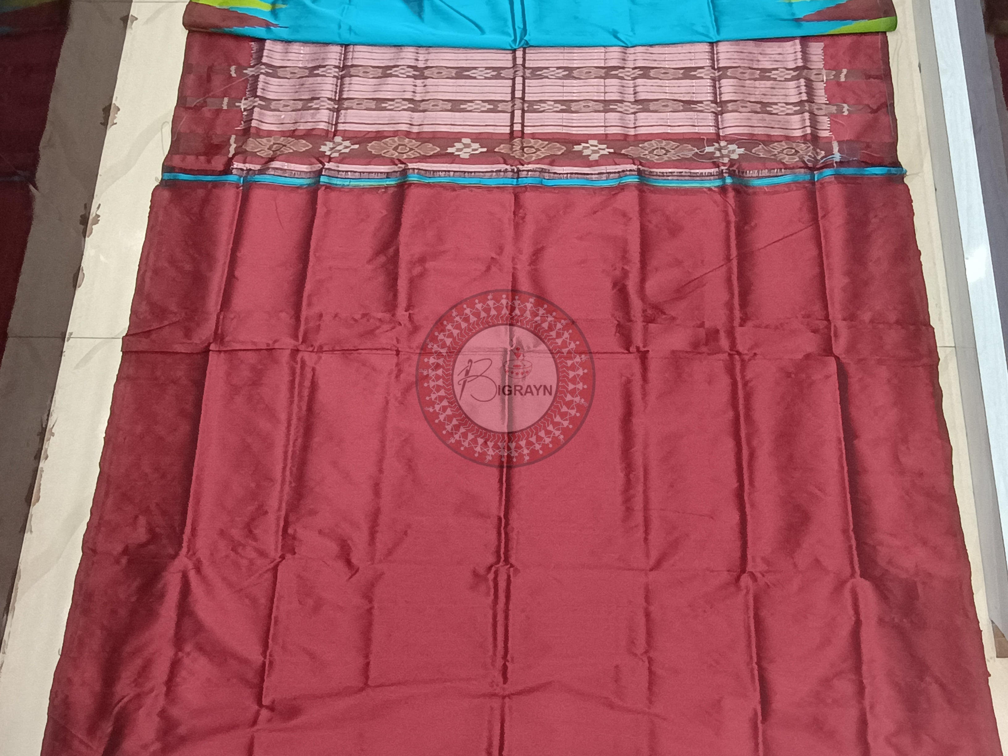 Sky Green Maroon Temple Bomkai Silk Saree