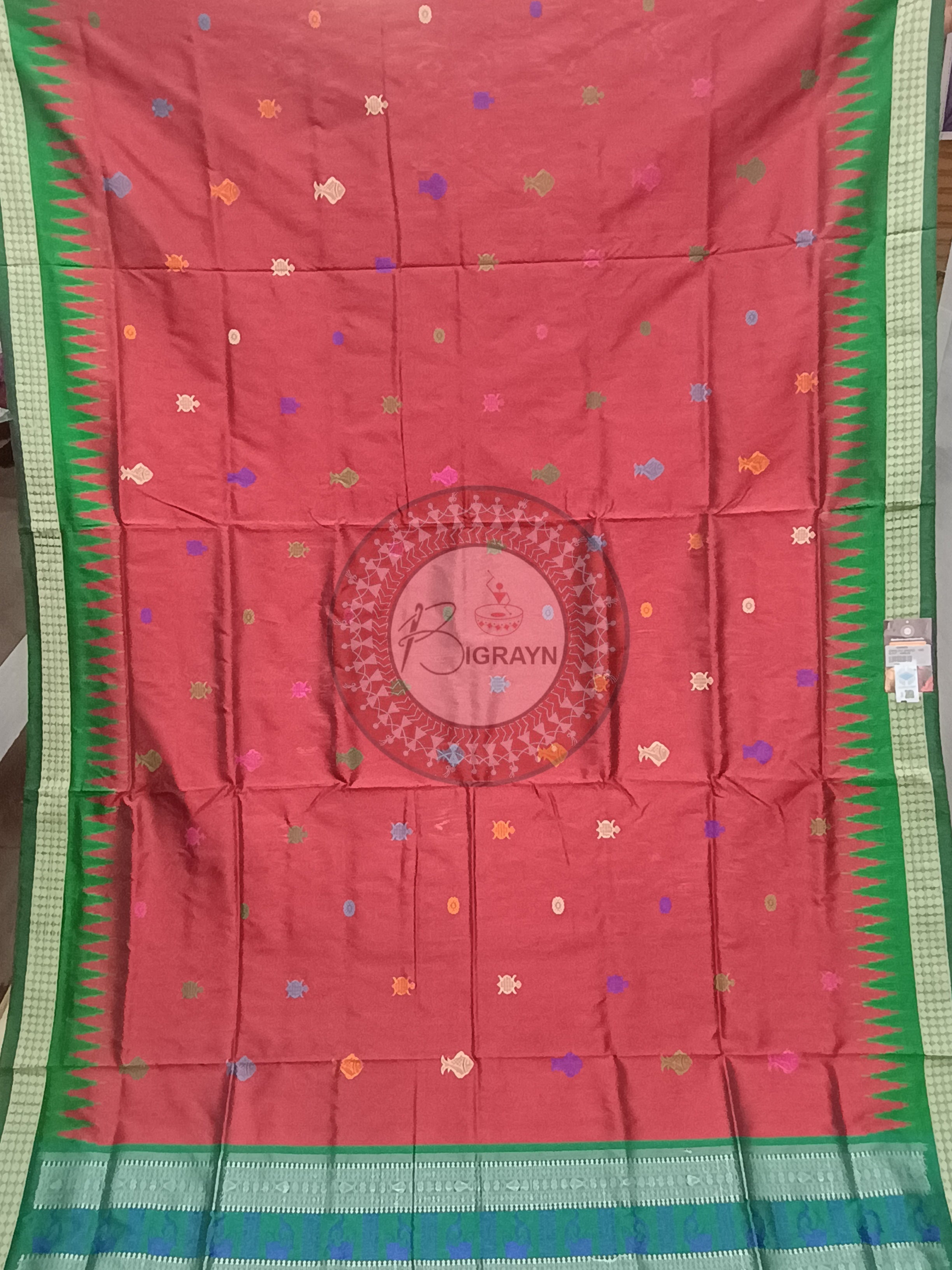 Maroon Green Fish Turtle Bomkai Silk Saree