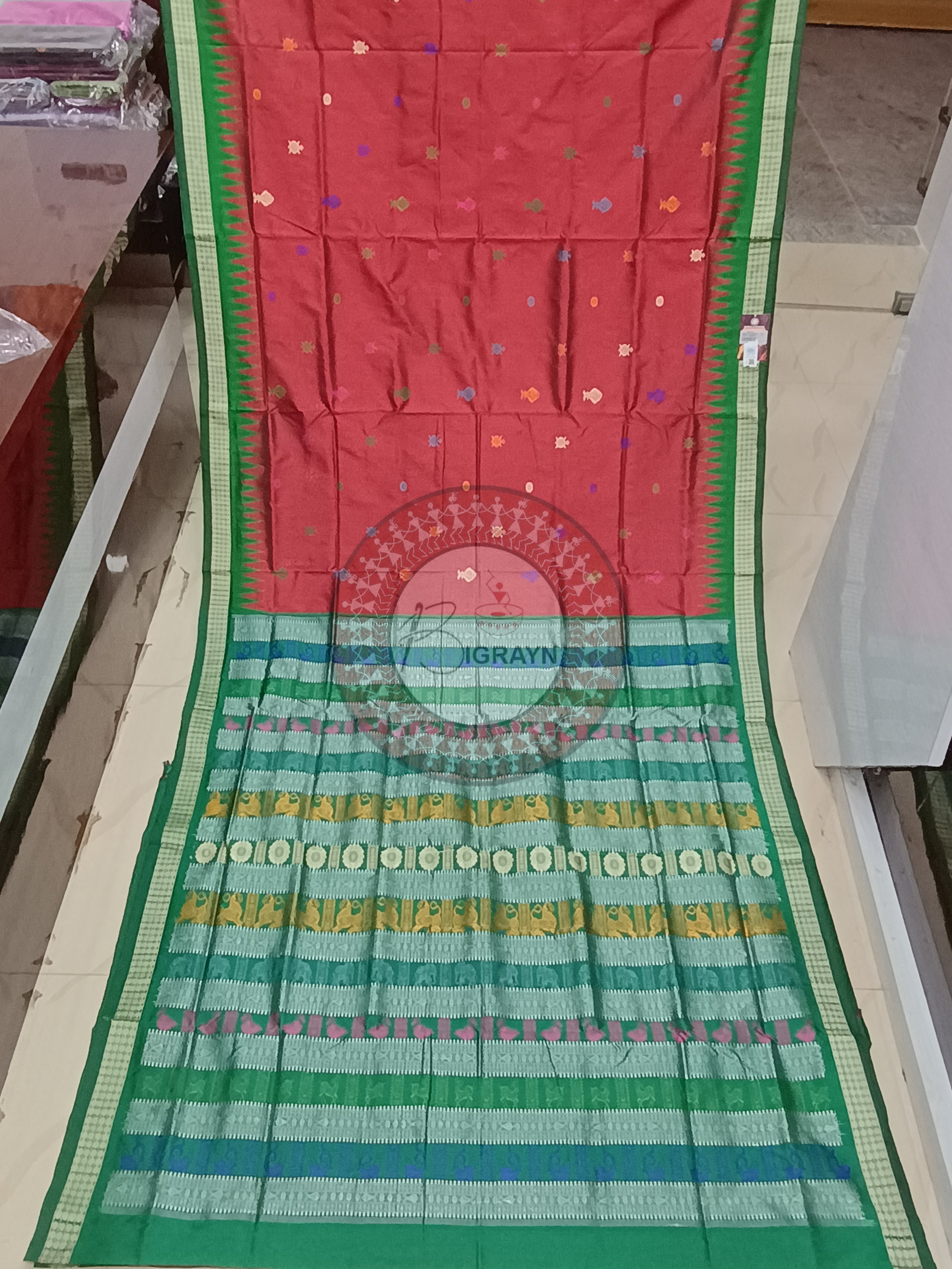 Maroon Green Fish Turtle Bomkai Silk Saree