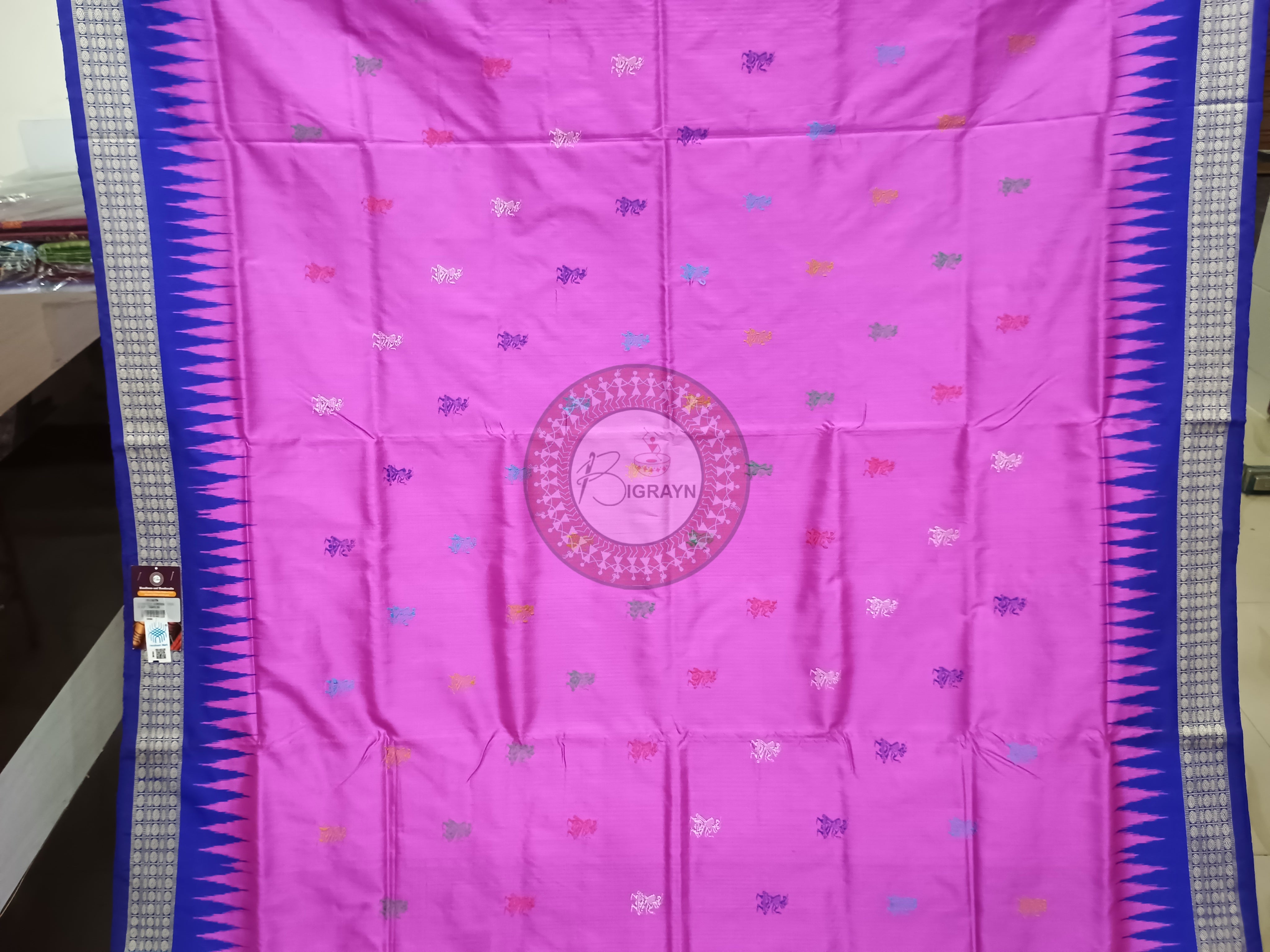 Pink Blue Tribal Bomkai Silk Saree