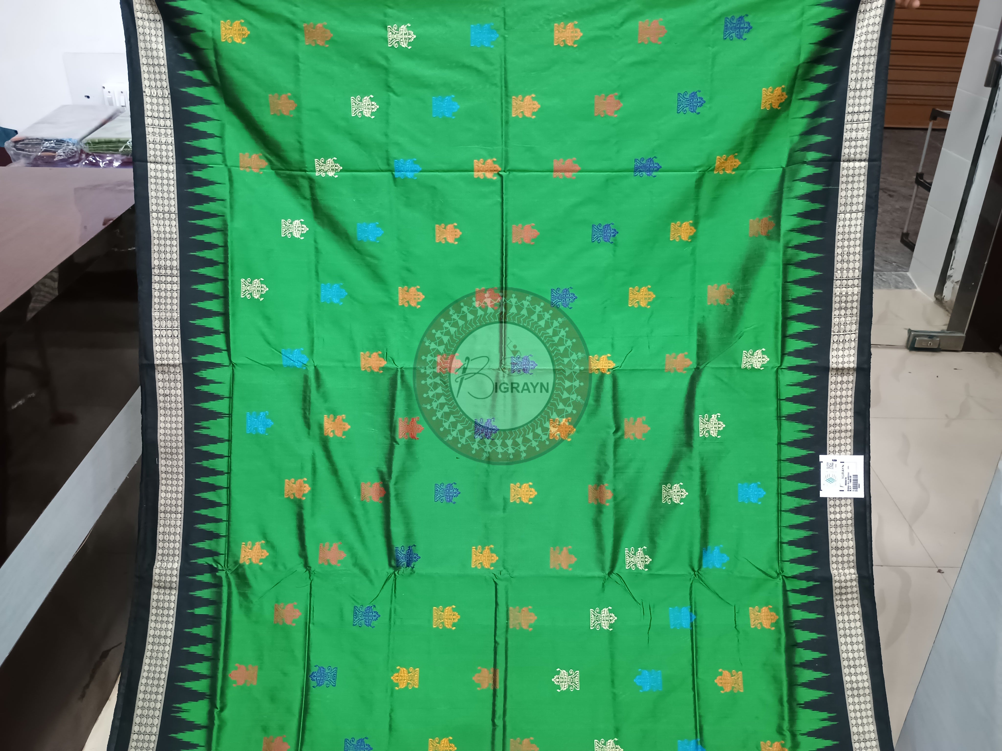 Green Black Dipa Design Bomkai Silk Saree