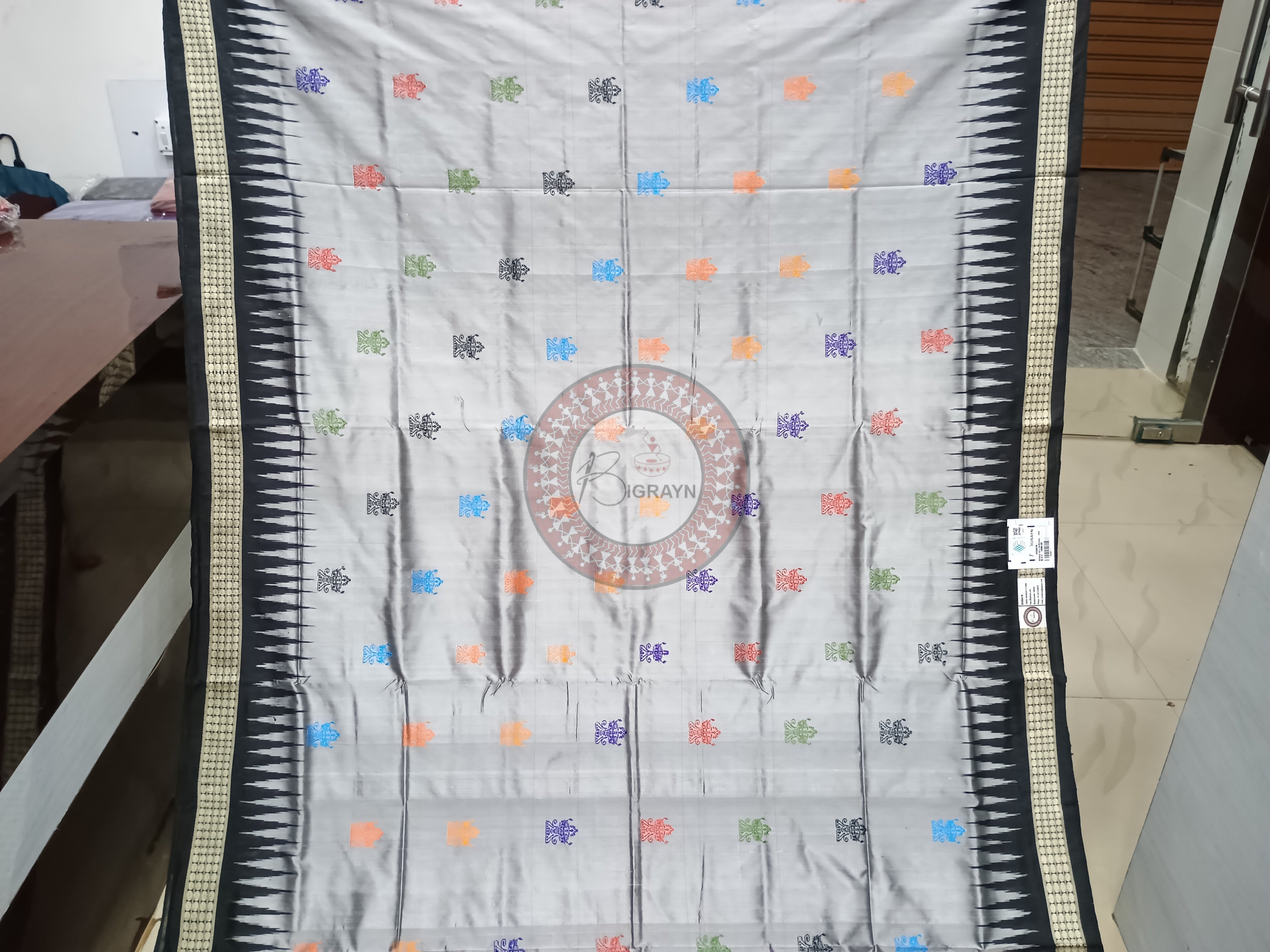Grey Black Dipa Design Bomkai Silk Saree