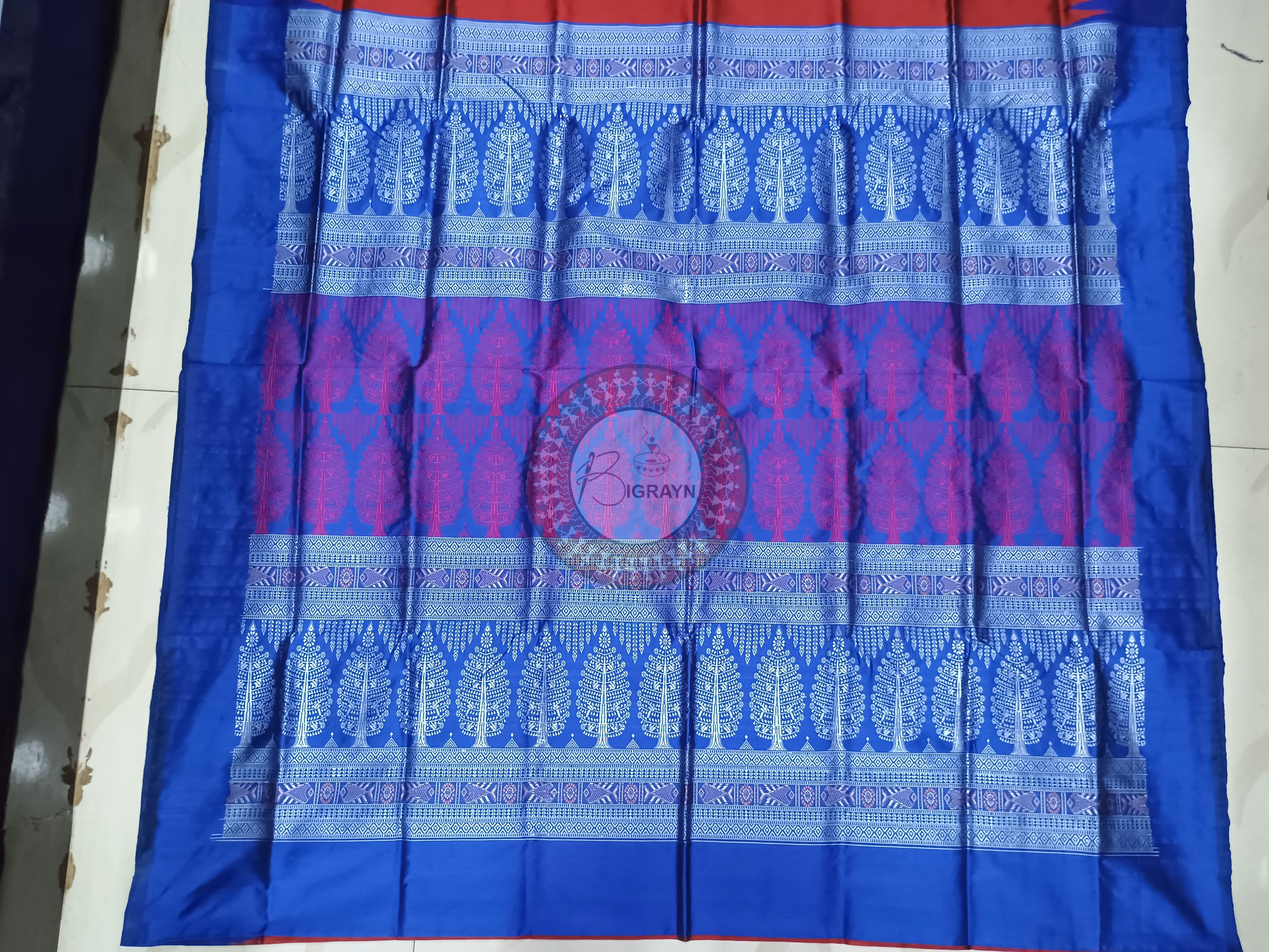 Rust Blue Jhumka Bomkai Silk Saree