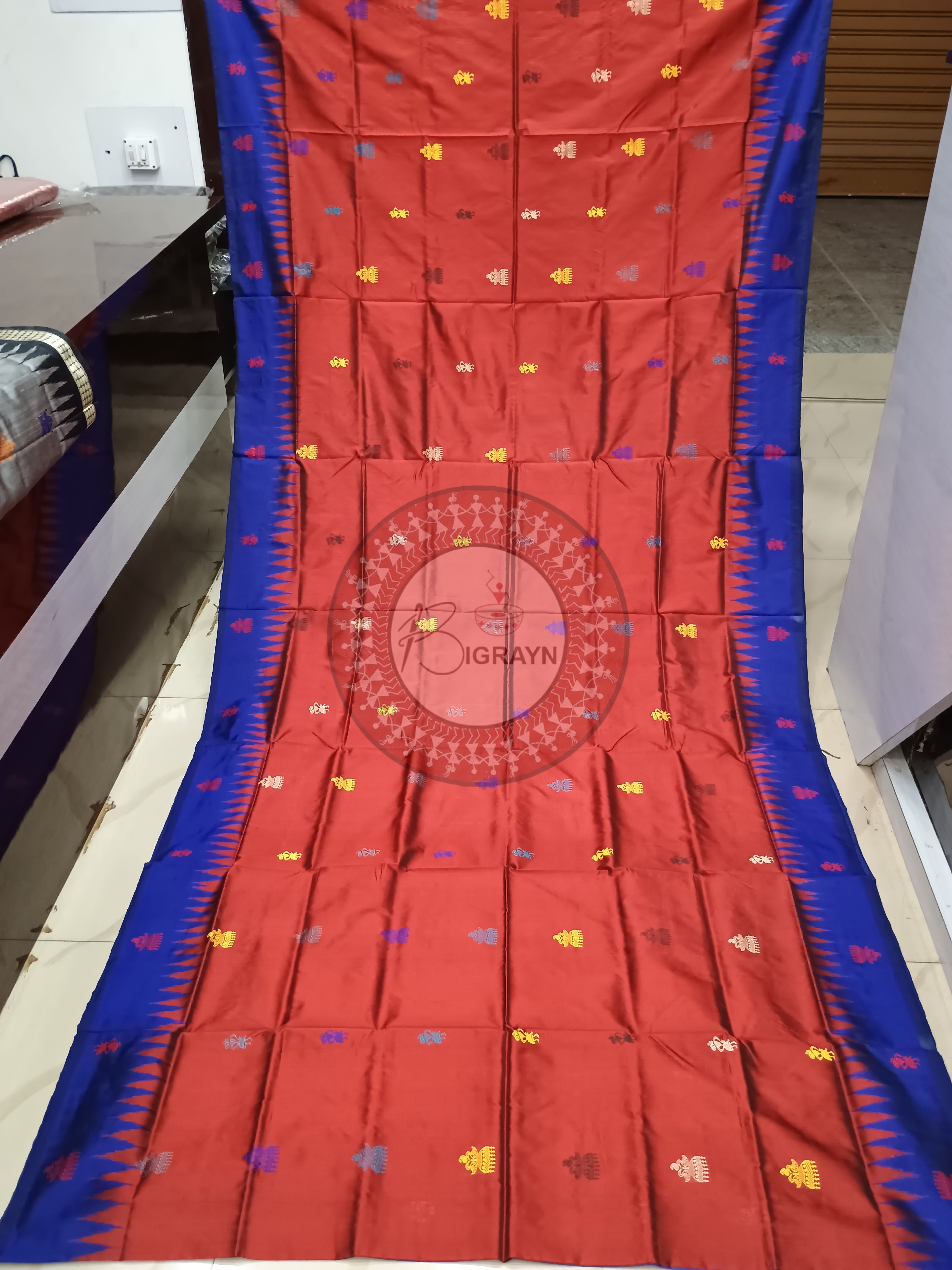 Rust Blue Jhumka Bomkai Silk Saree