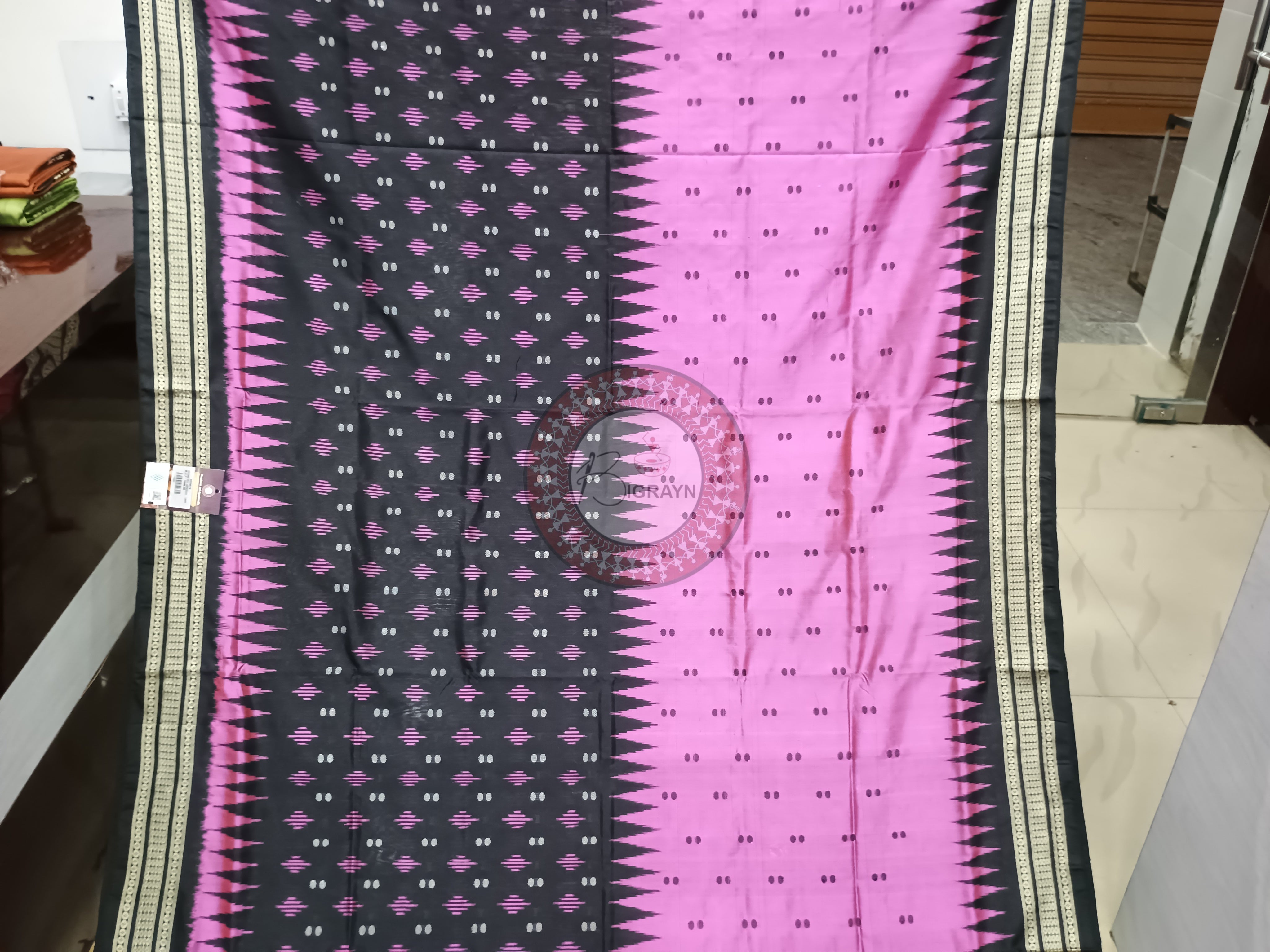 Pink Black Half Half Design Bomkai Silk Saree