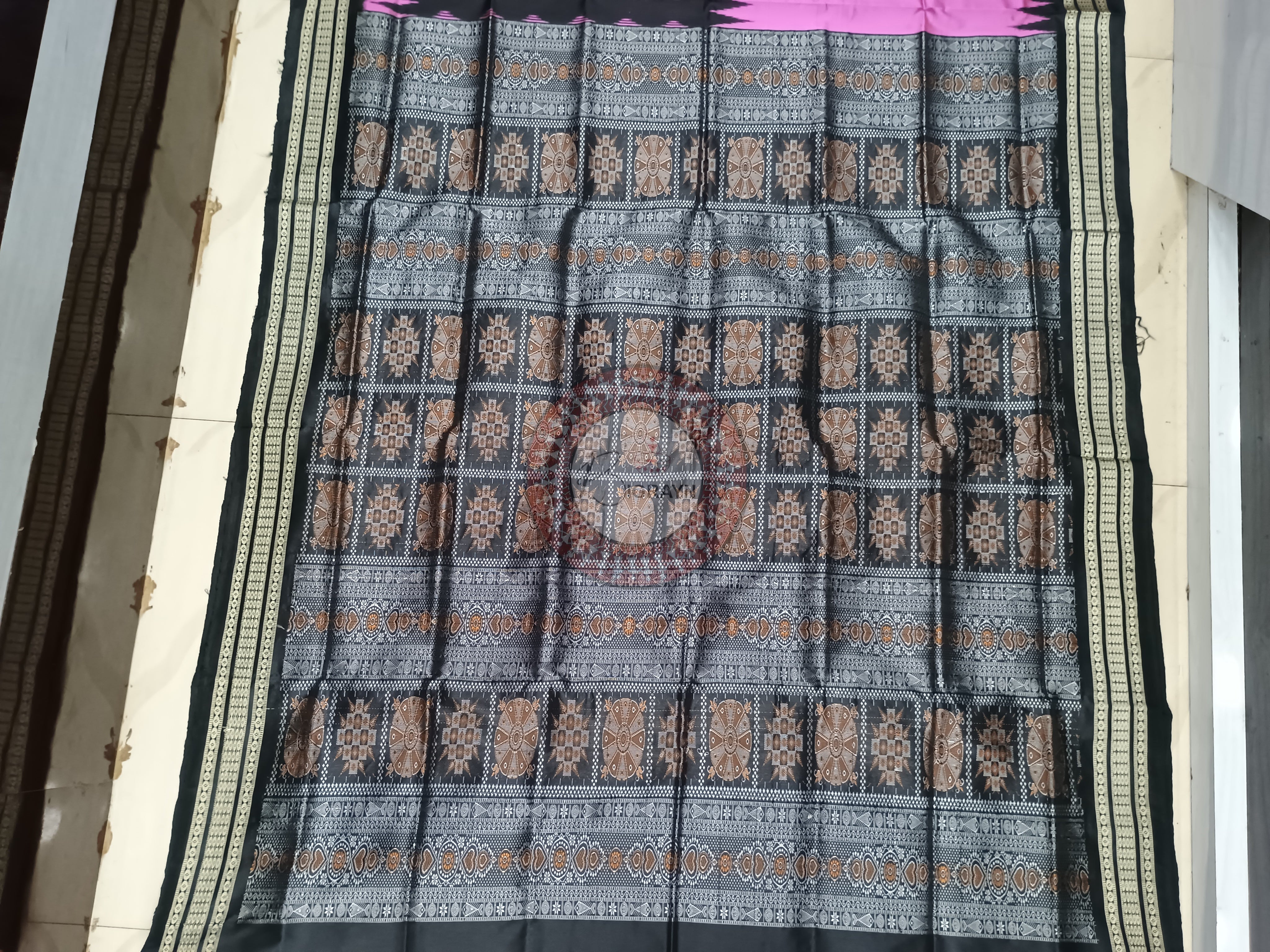 Pink Black Half Half Design Bomkai Silk Saree