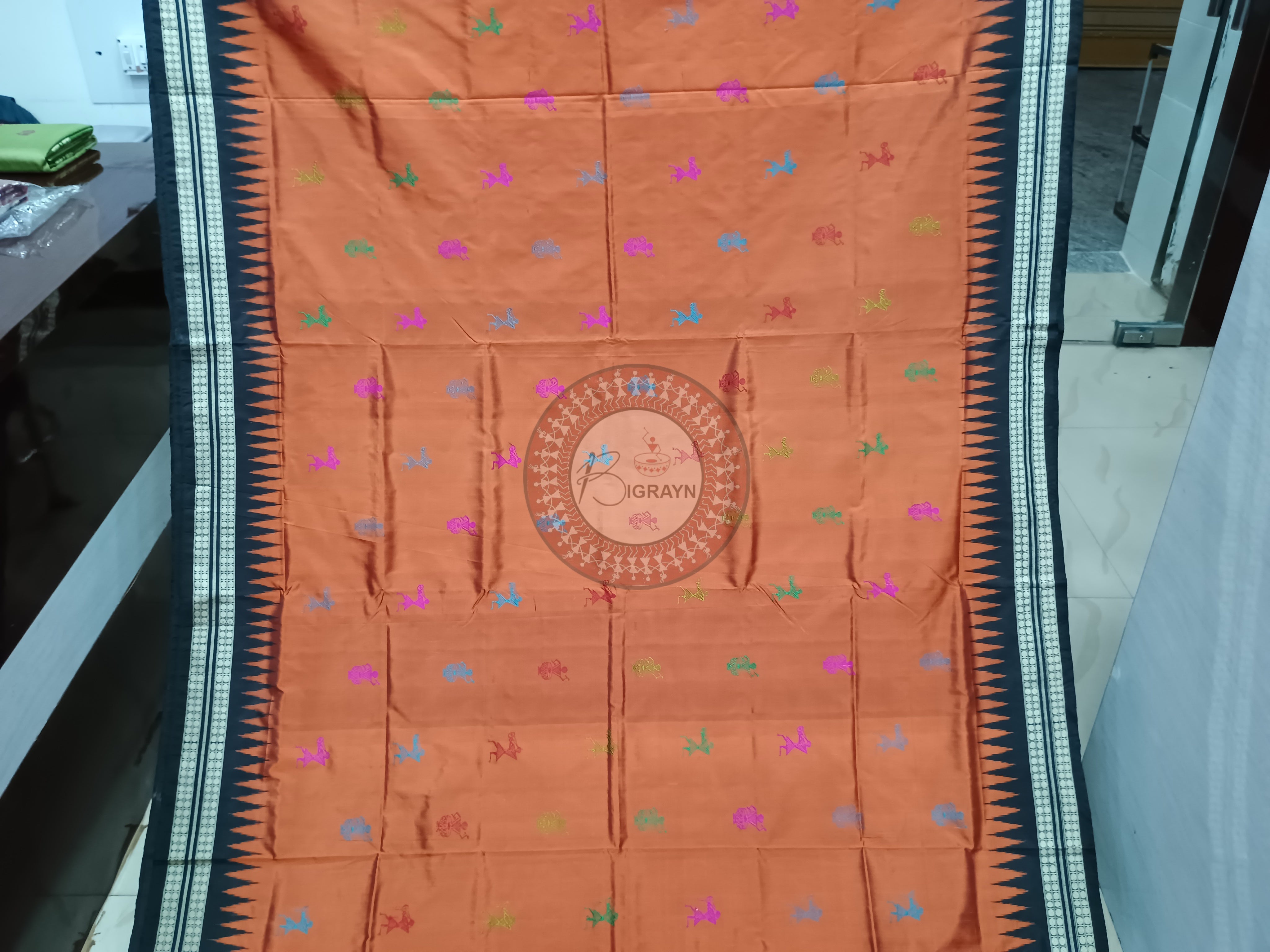 Rust Black Tribal Bomkai Silk Saree
