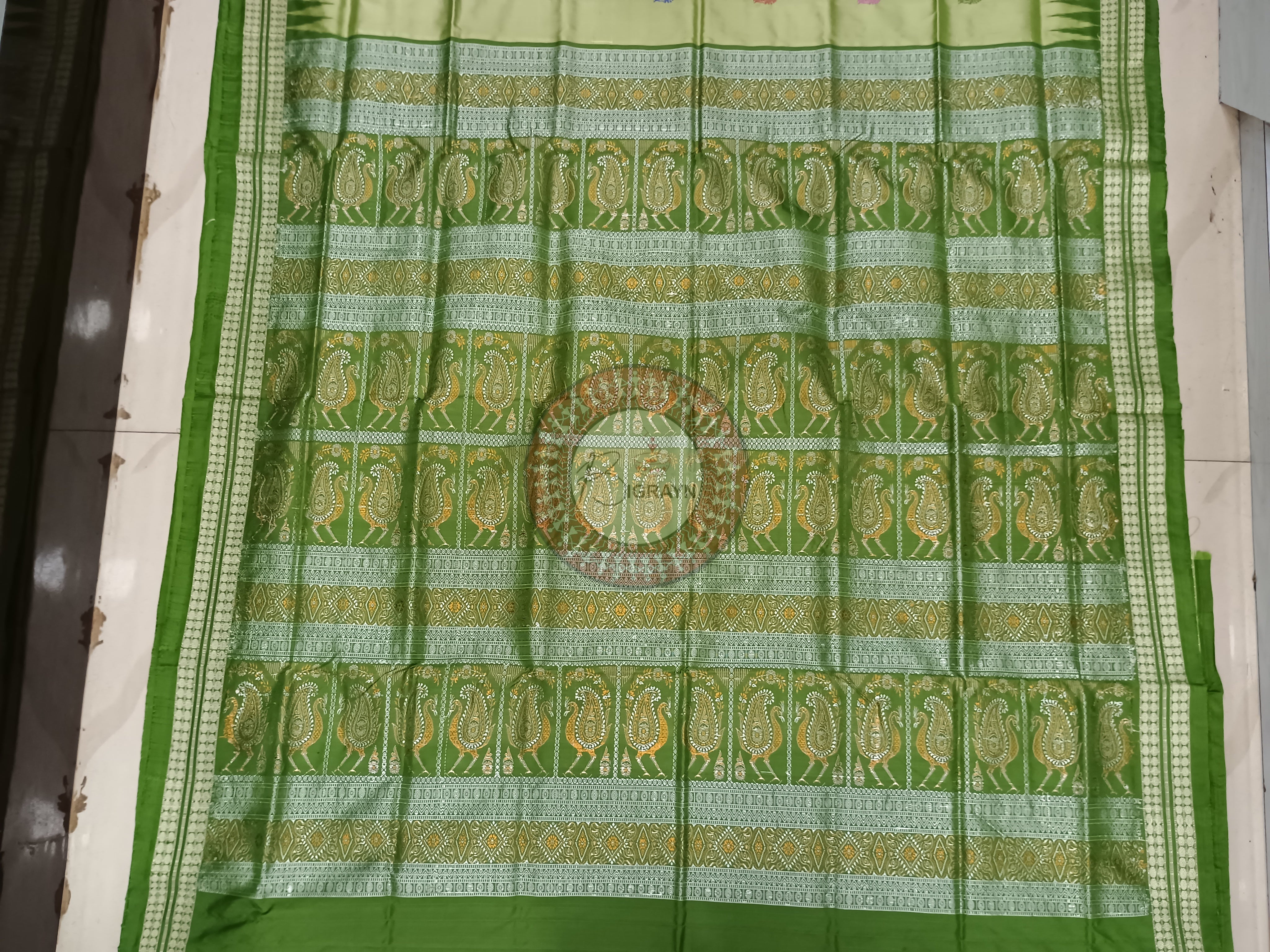 Mehendi Green Sankha Peacock Bomkai Silk Saree