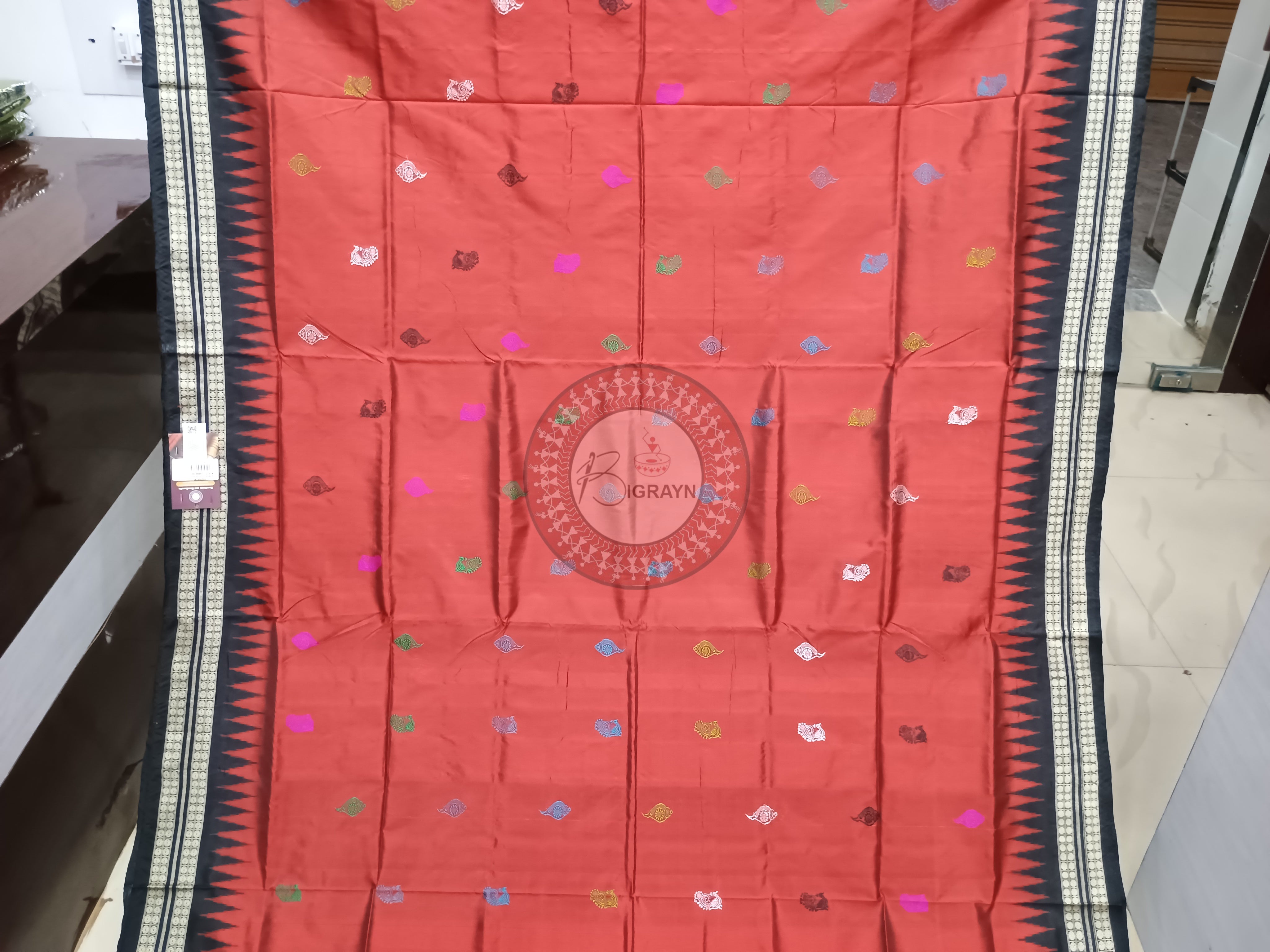 Maroon Black Sankha Peacock Bomkai Silk Saree