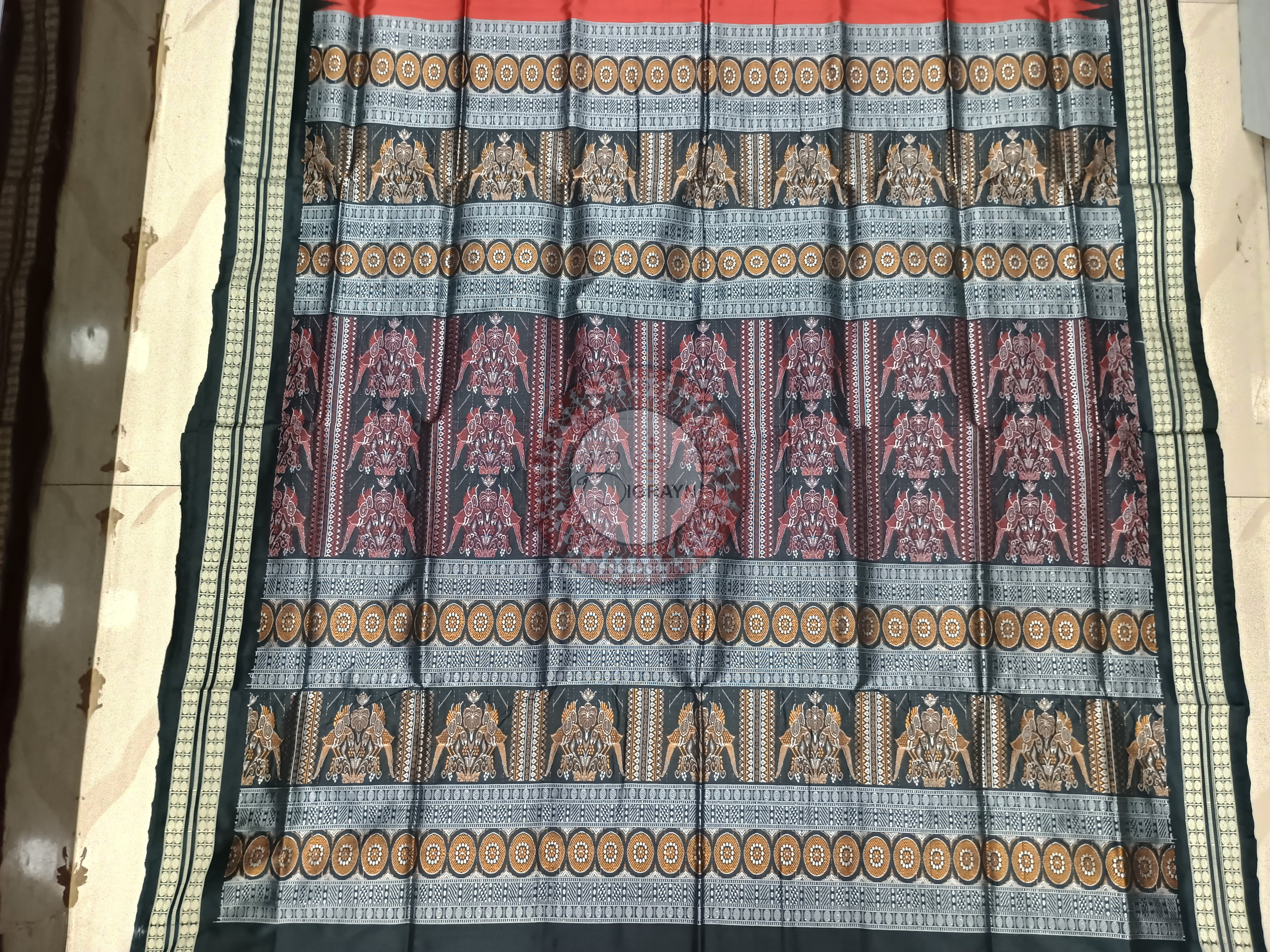 Maroon Black Sankha Peacock Bomkai Silk Saree