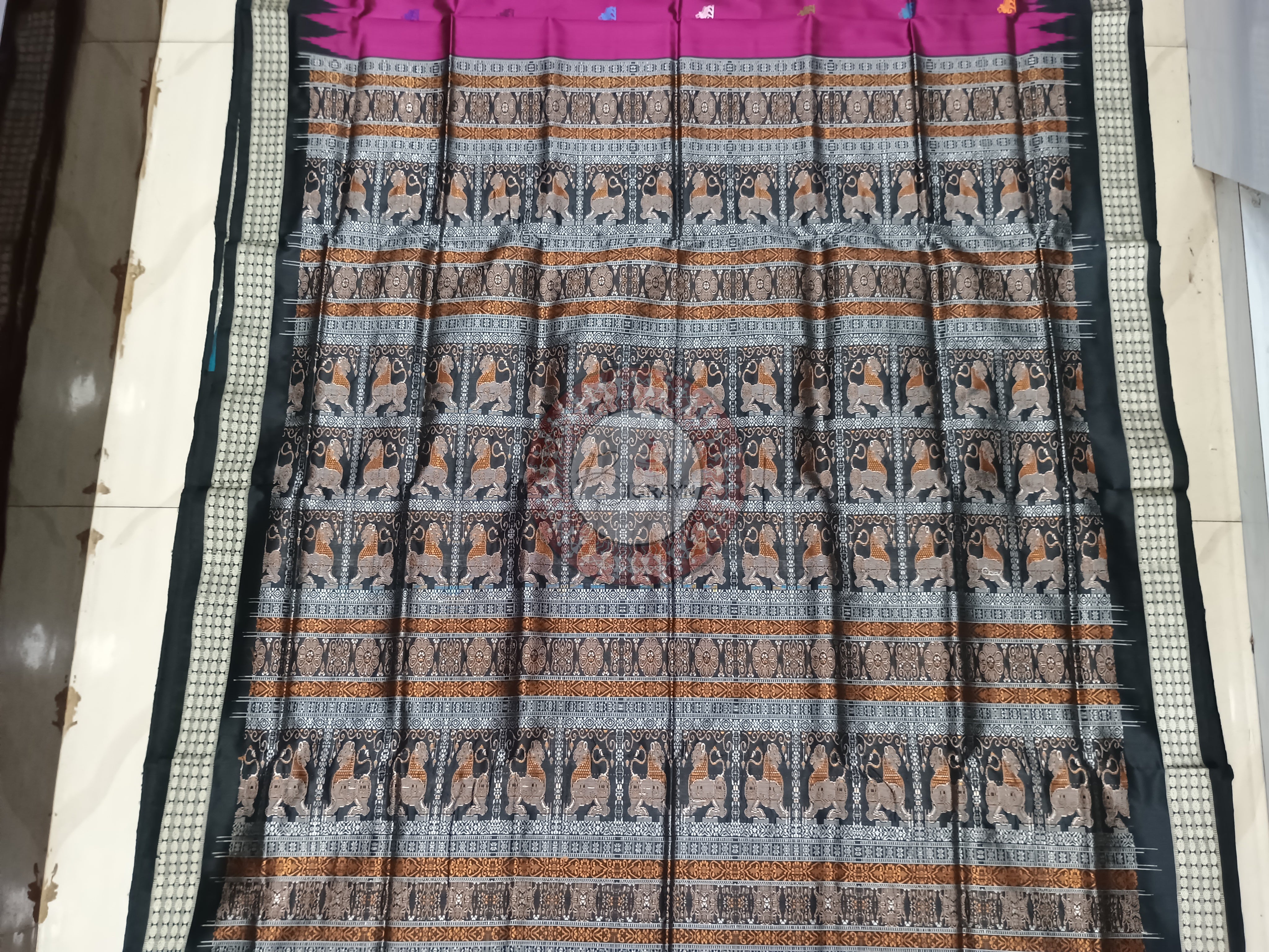 Magenta Black Lion Bomkai Silk Saree