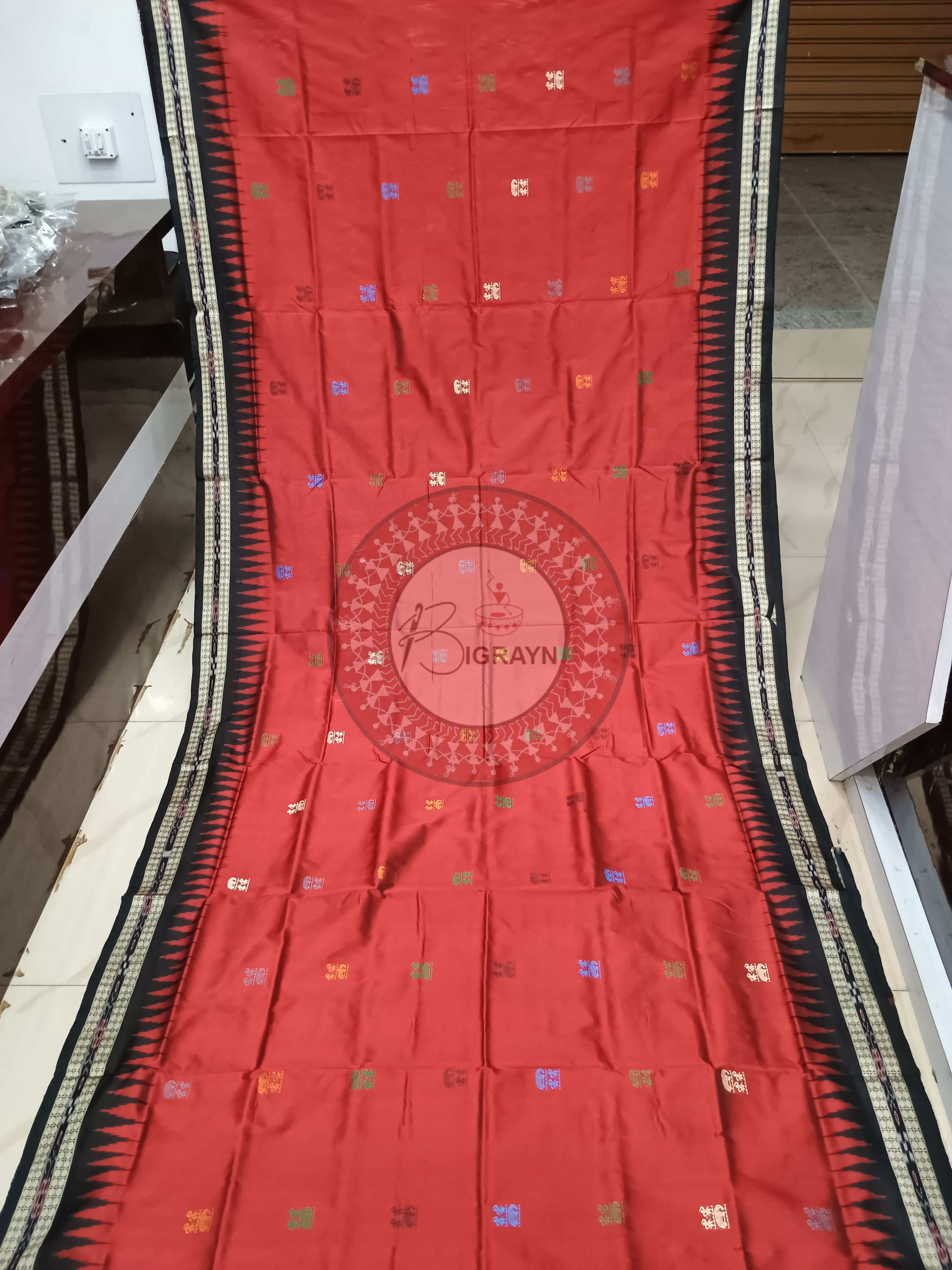 Maroon Black Tribal Bomkai Silk Saree