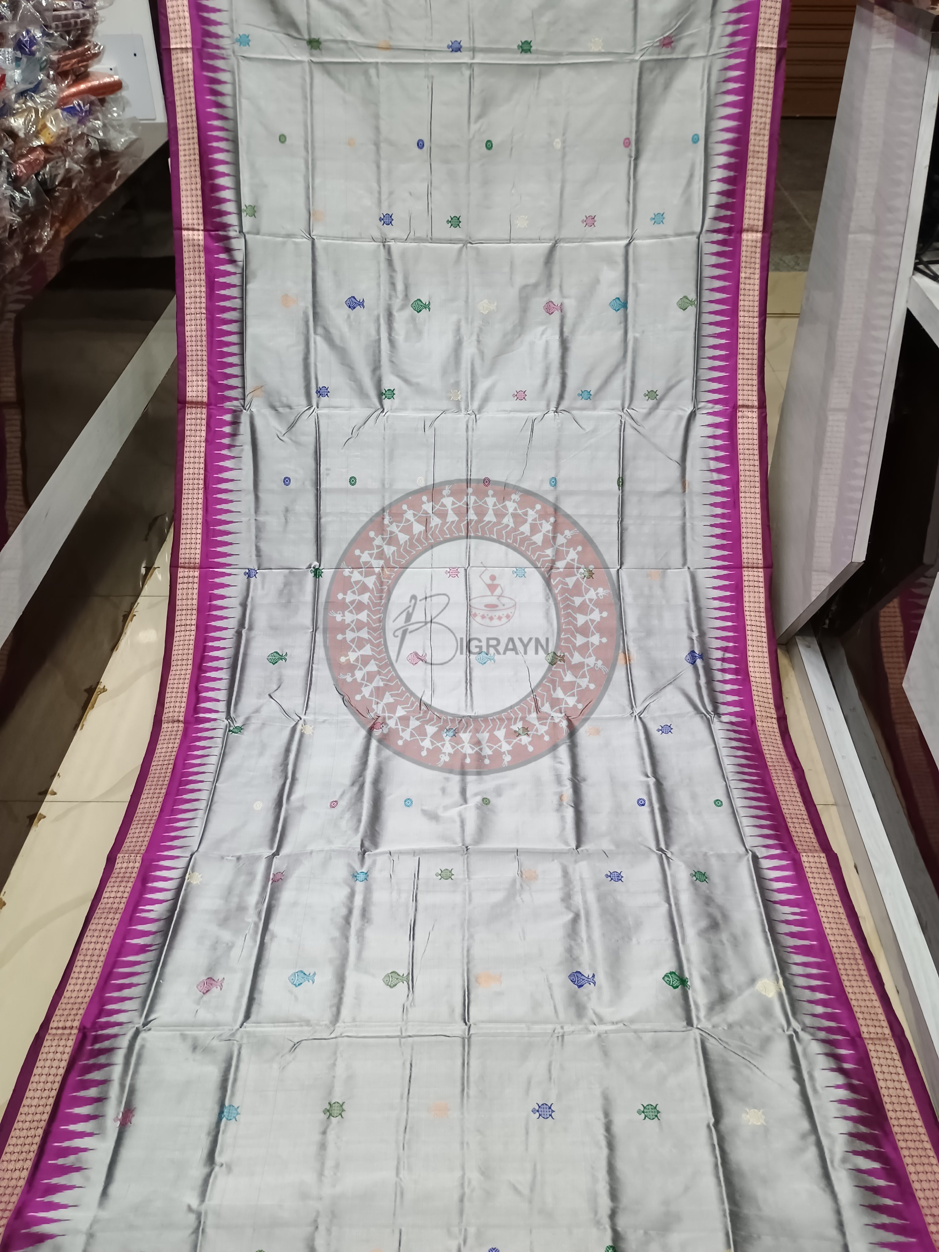 Grey Pink Fish turtle Bomkai Silk Saree