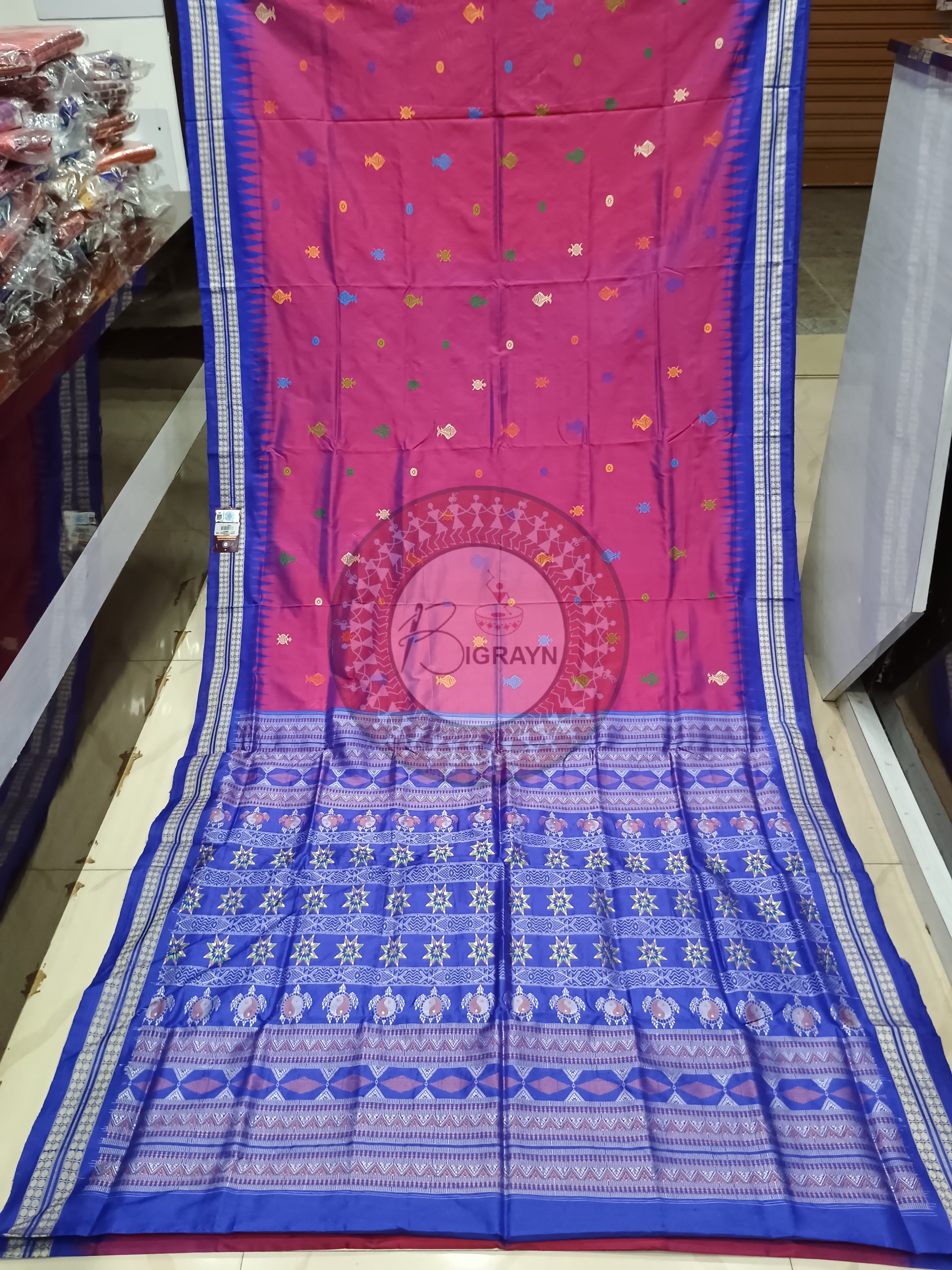 Magenta Blue Fish Turtle Bomkai Silk Saree