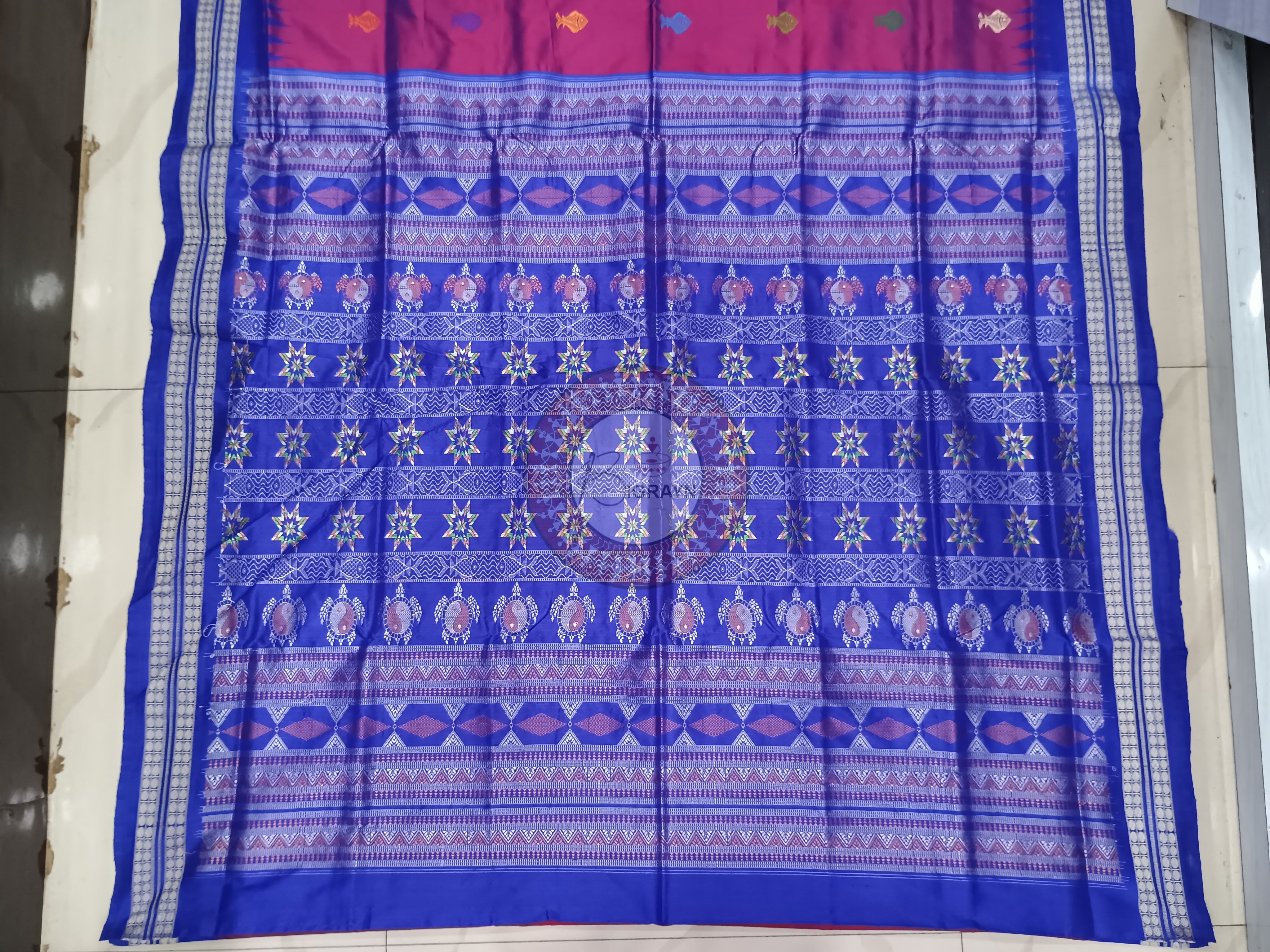 Magenta Blue Fish Turtle Bomkai Silk Saree