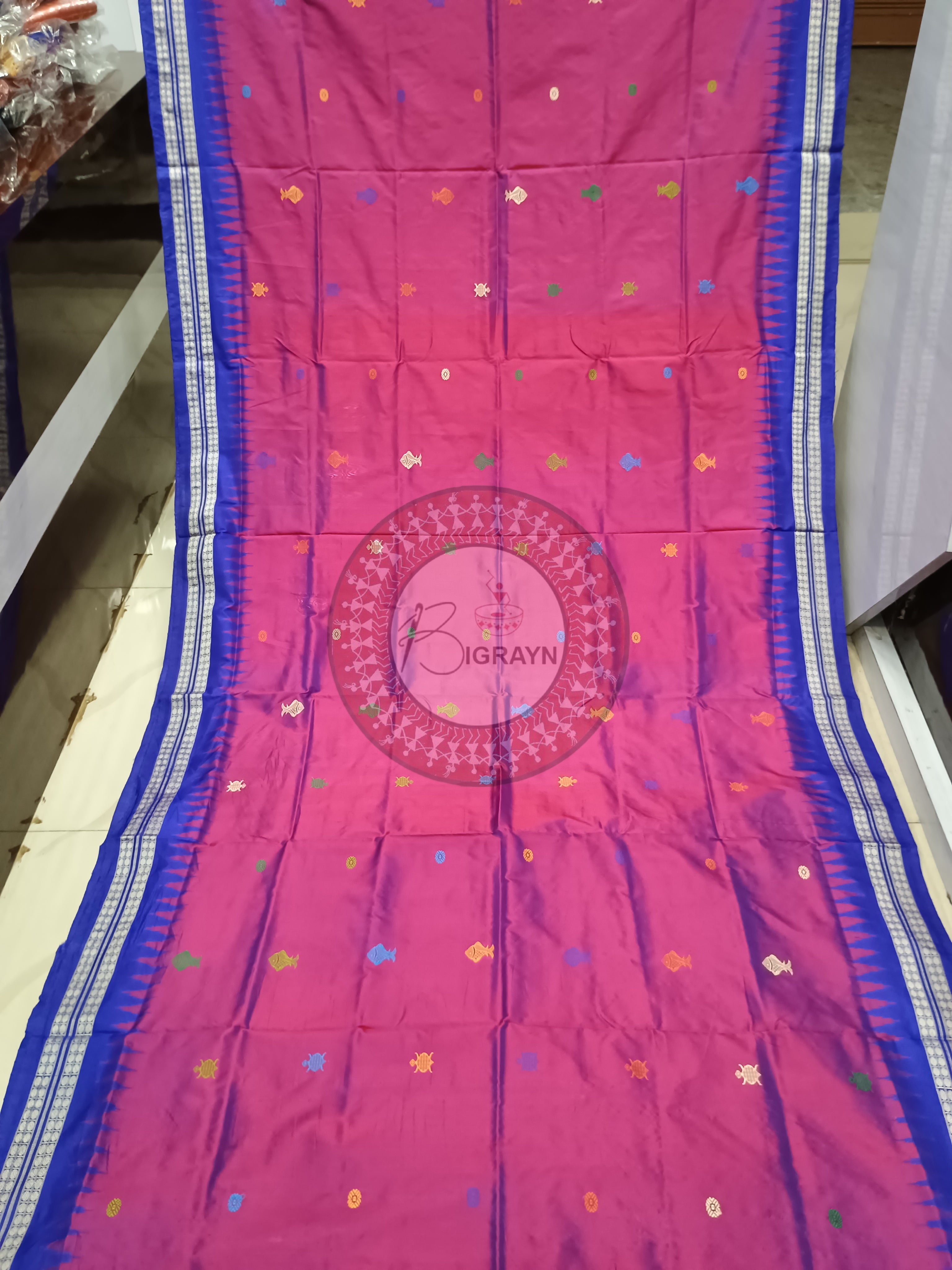 Magenta Blue Fish Turtle Bomkai Silk Saree
