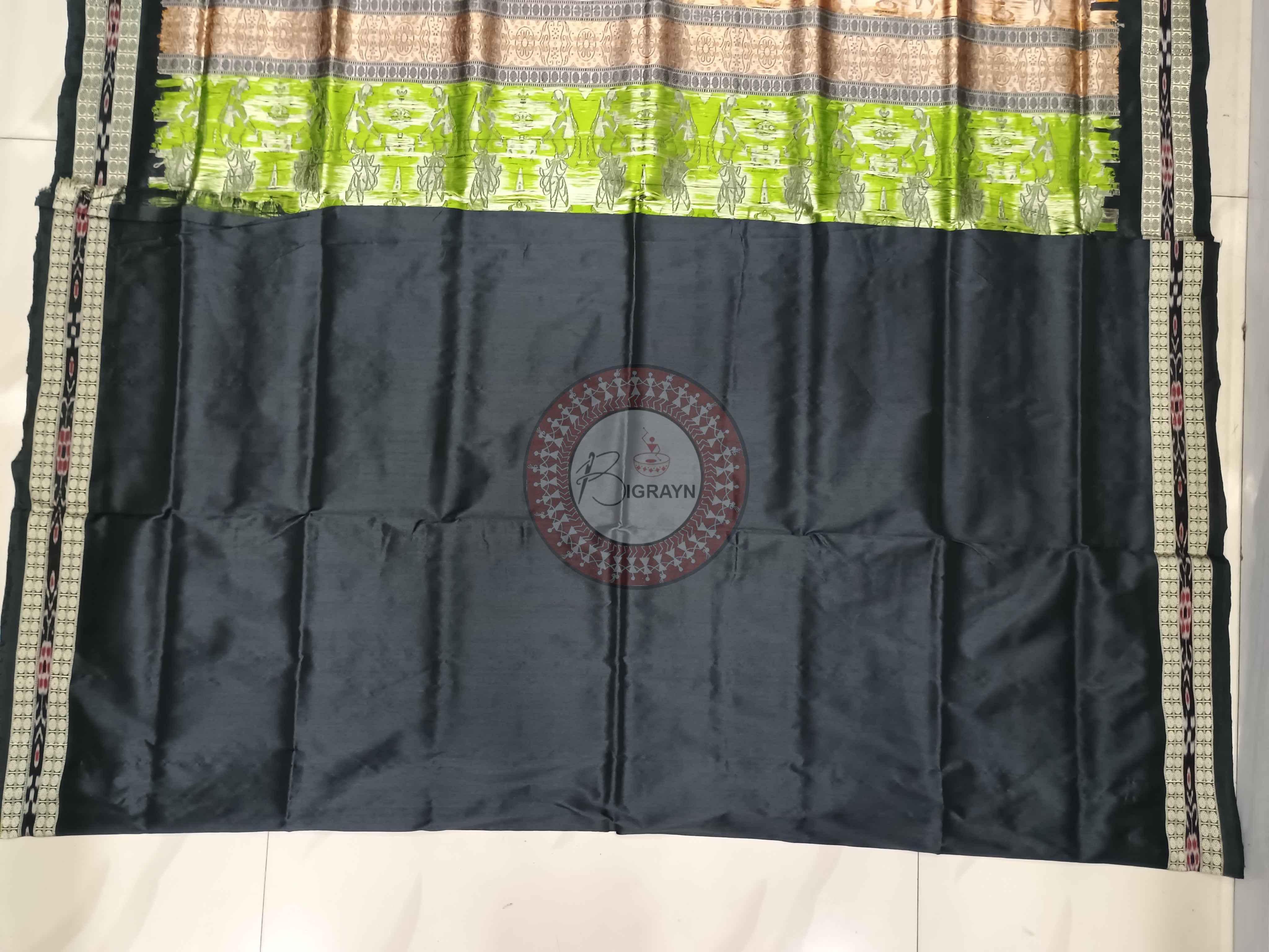 Mehendi Green Black Tribal Bomkai Silk Saree