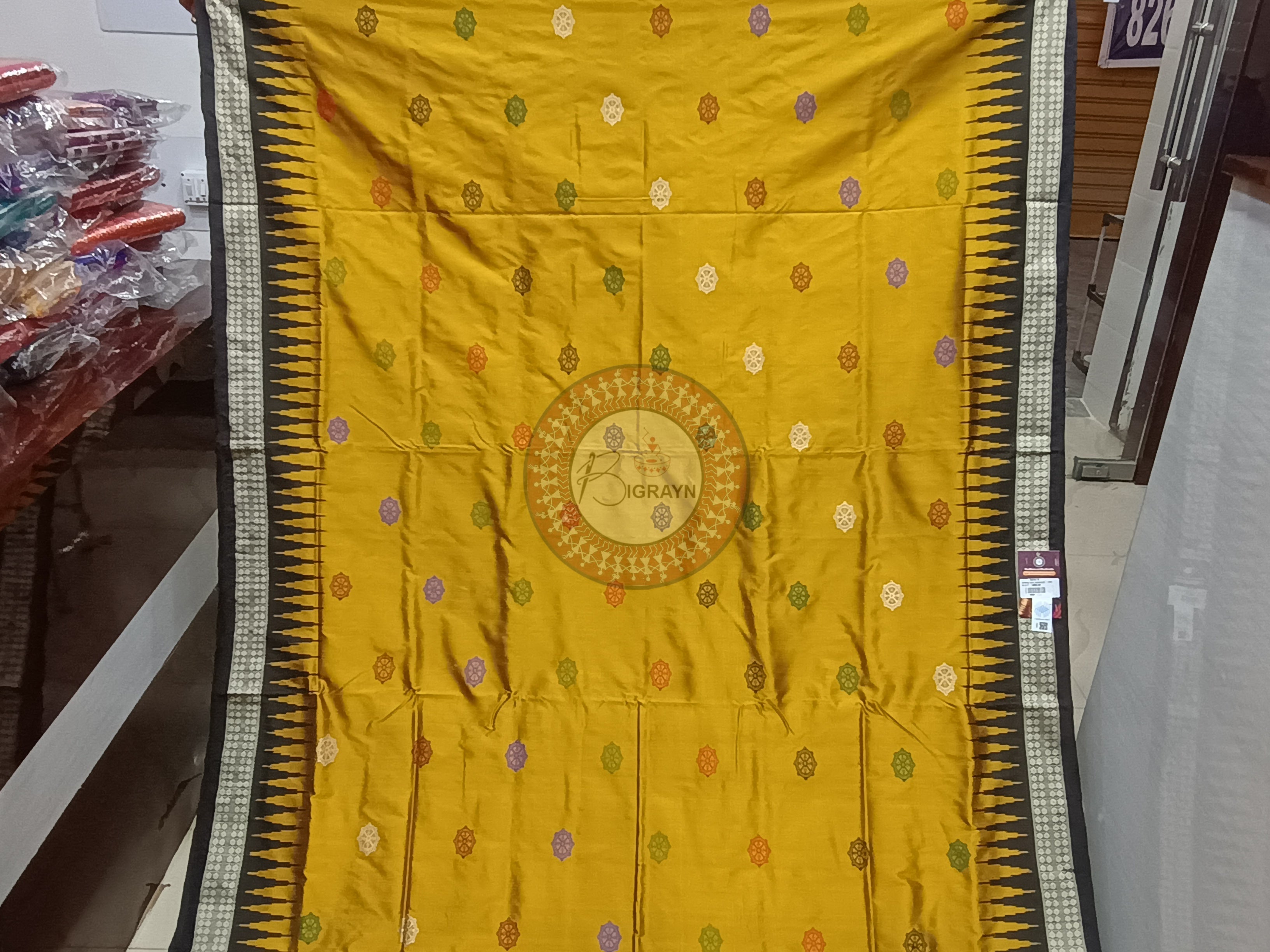 Mustard Yellow Black Konark Bomkai Silk Saree