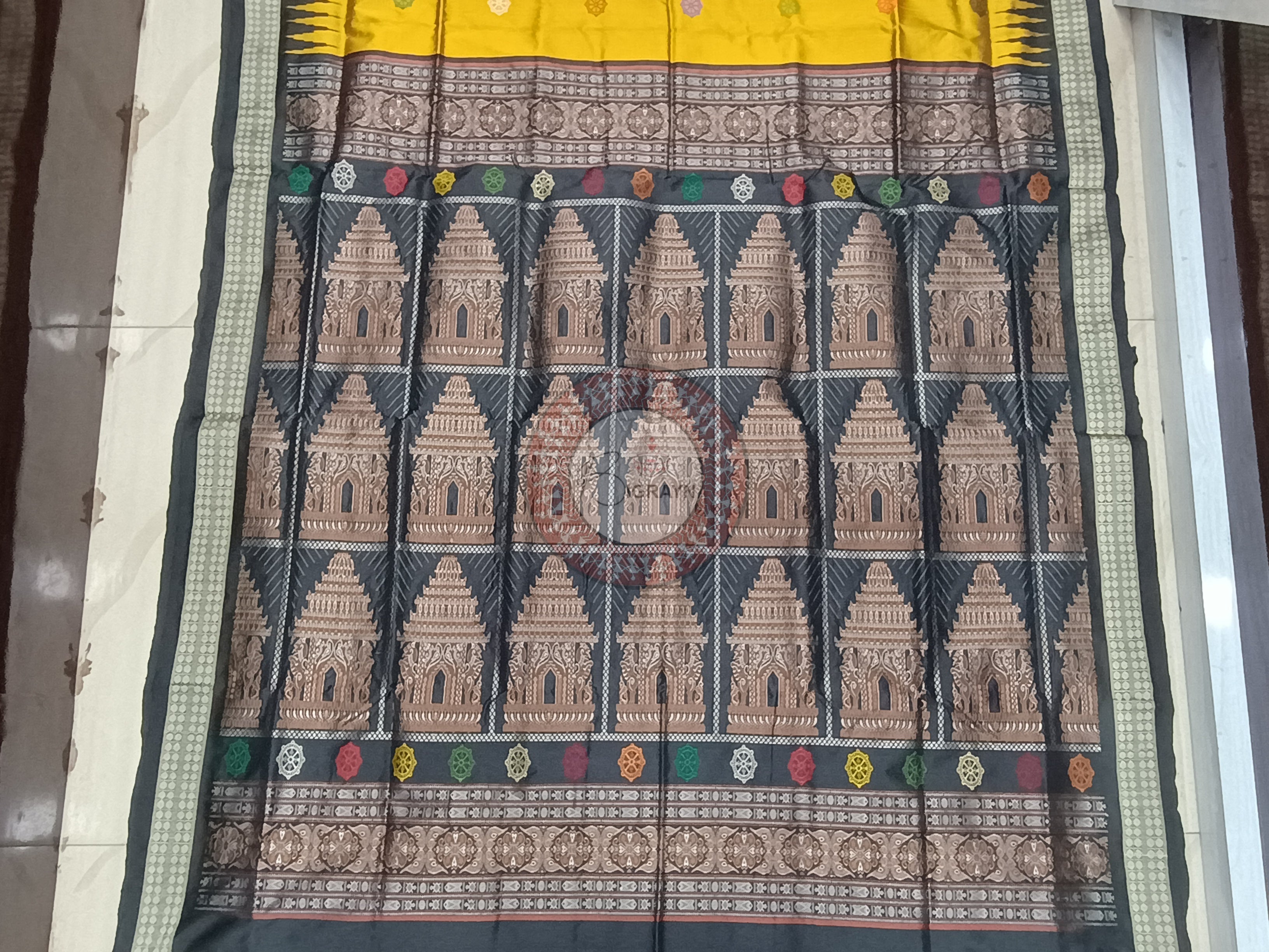 Mustard Yellow Black Konark Bomkai Silk Saree