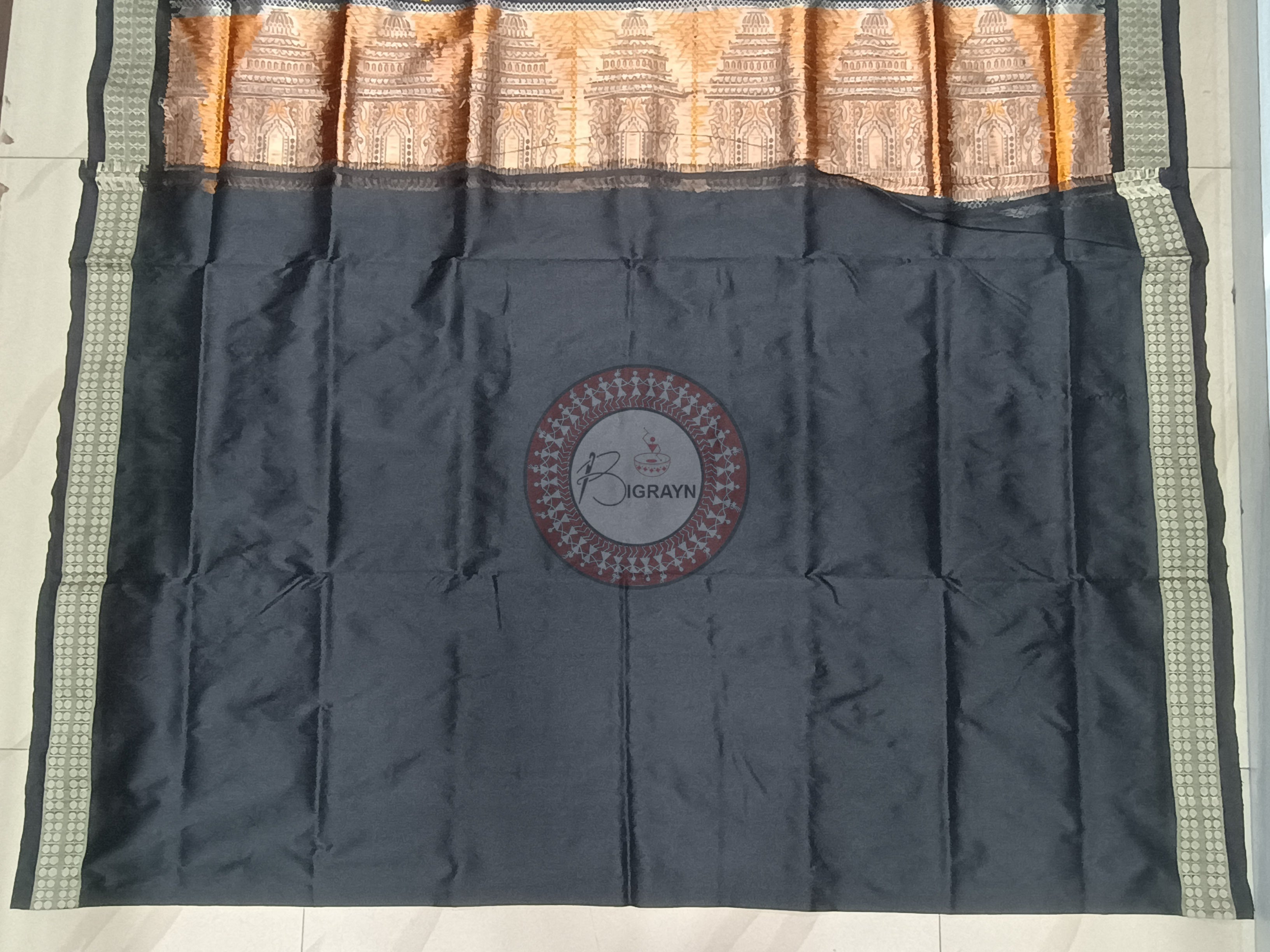 Mustard Yellow Black Konark Bomkai Silk Saree