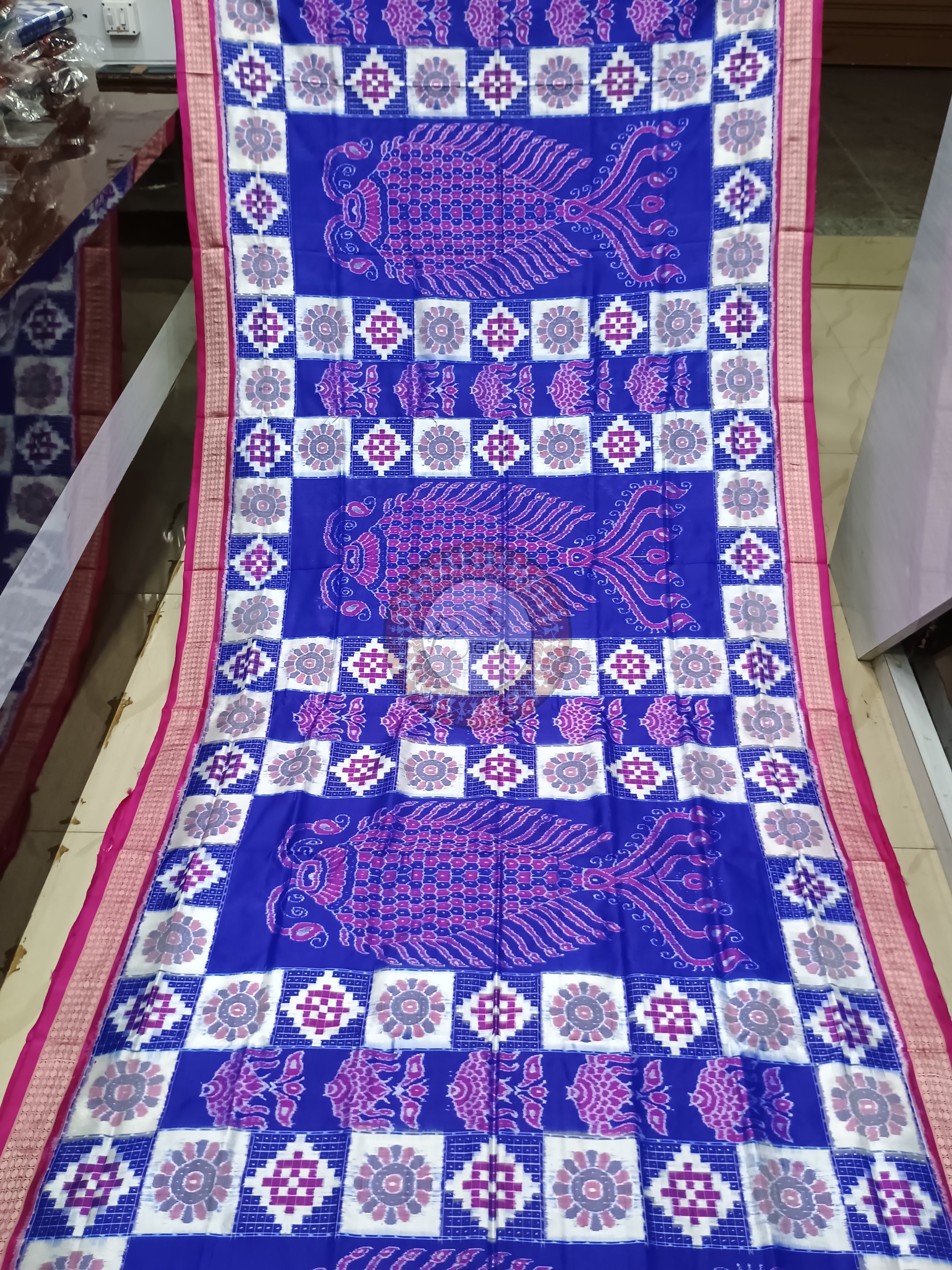 Blue Magenta Fish Pasapali Sambalpuri Silk Saree