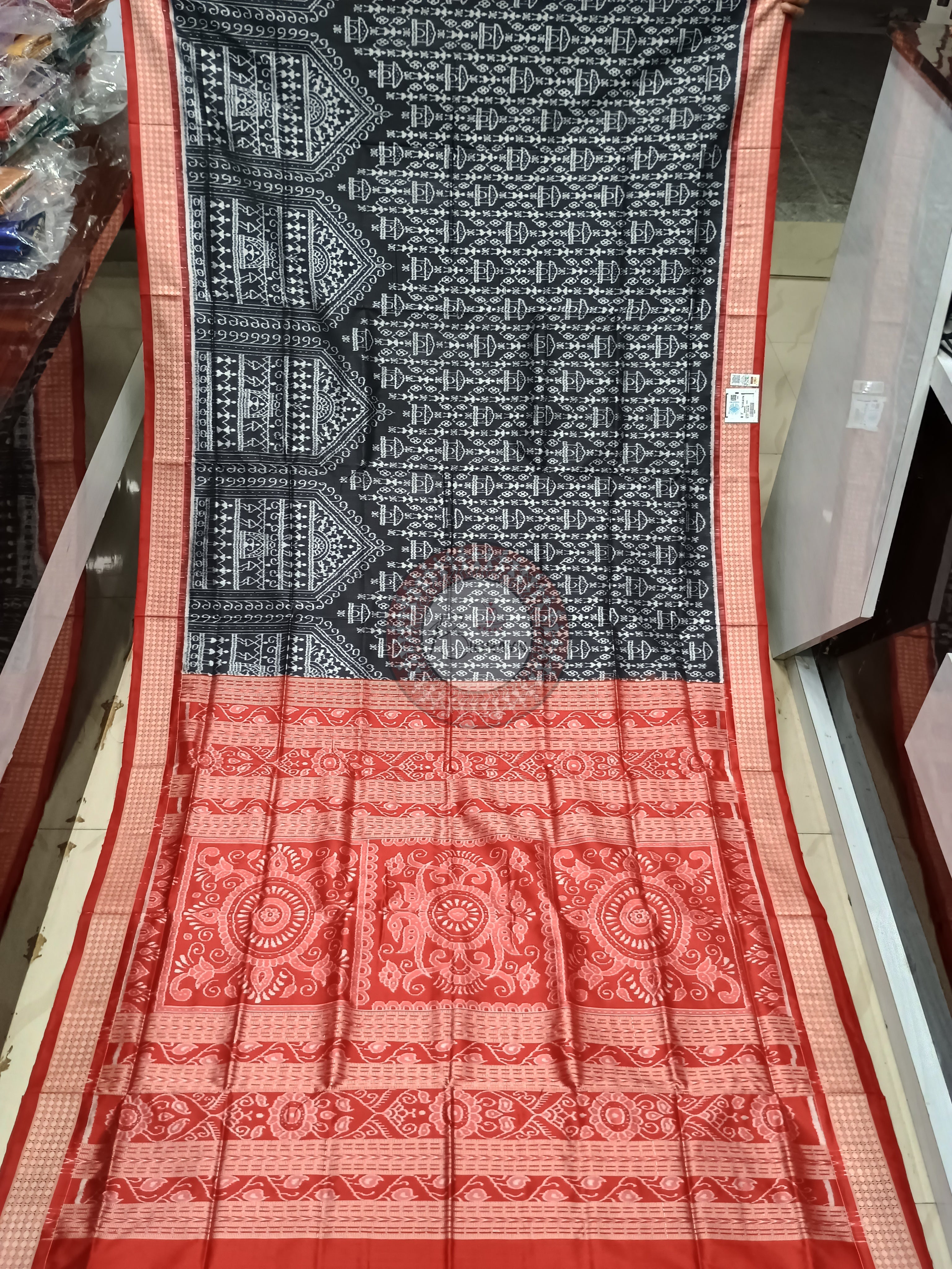 Black Red Tribal House Sambalpuri Silk Saree