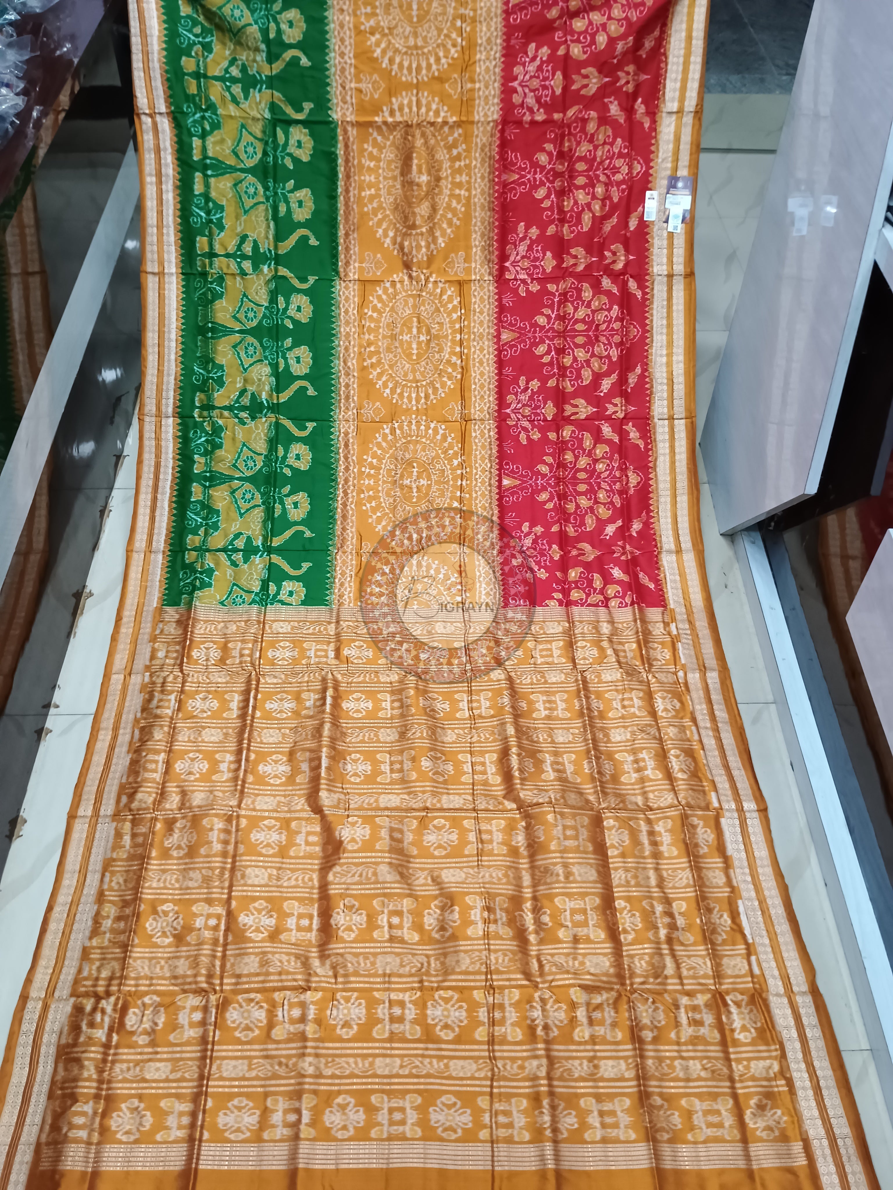 Mustard Yellow Green Red Tribal Odisha Handloom Sambalpuri Silk Saree