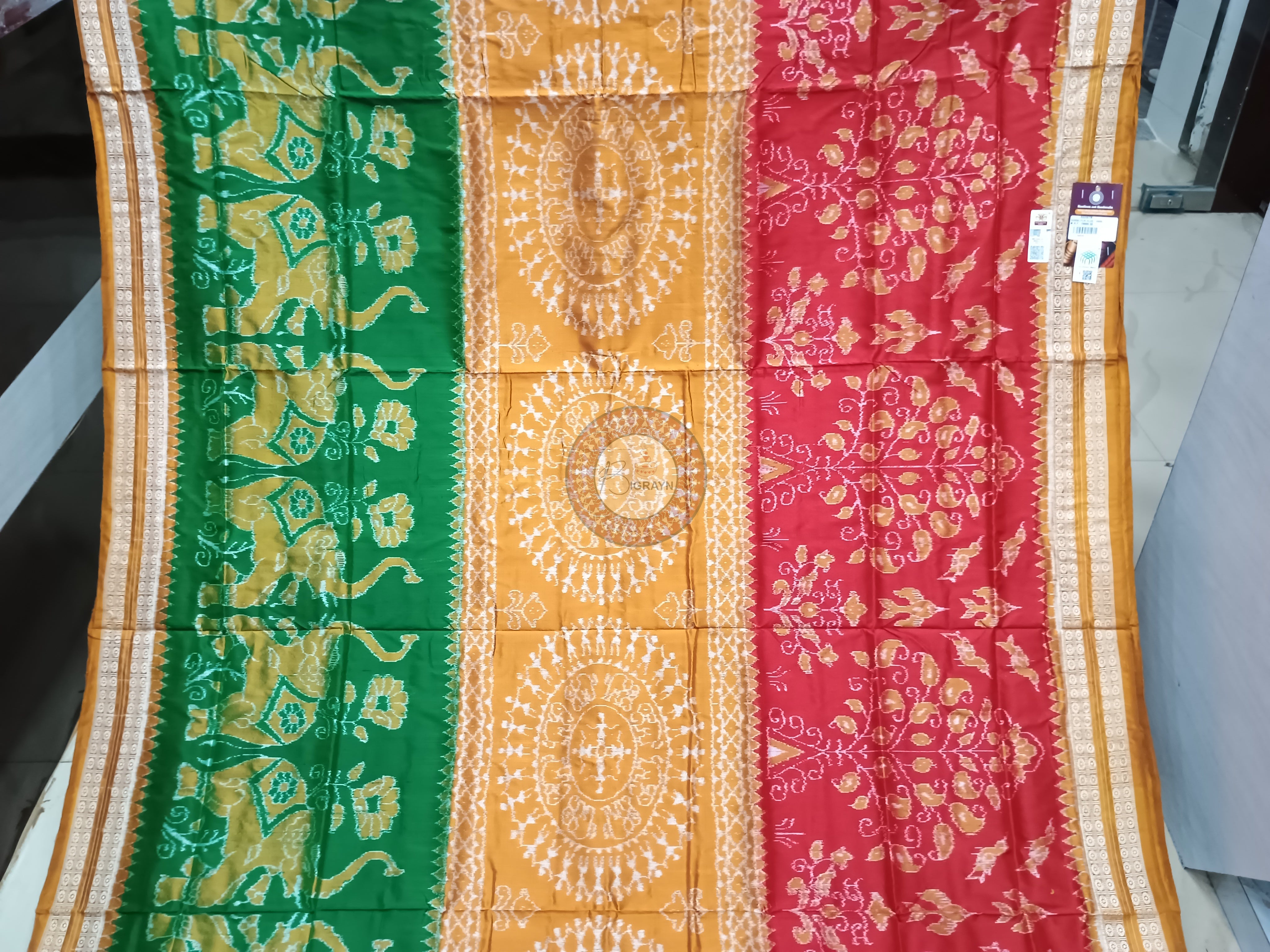 Mustard Yellow Green Red Tribal Odisha Handloom Sambalpuri Silk Saree