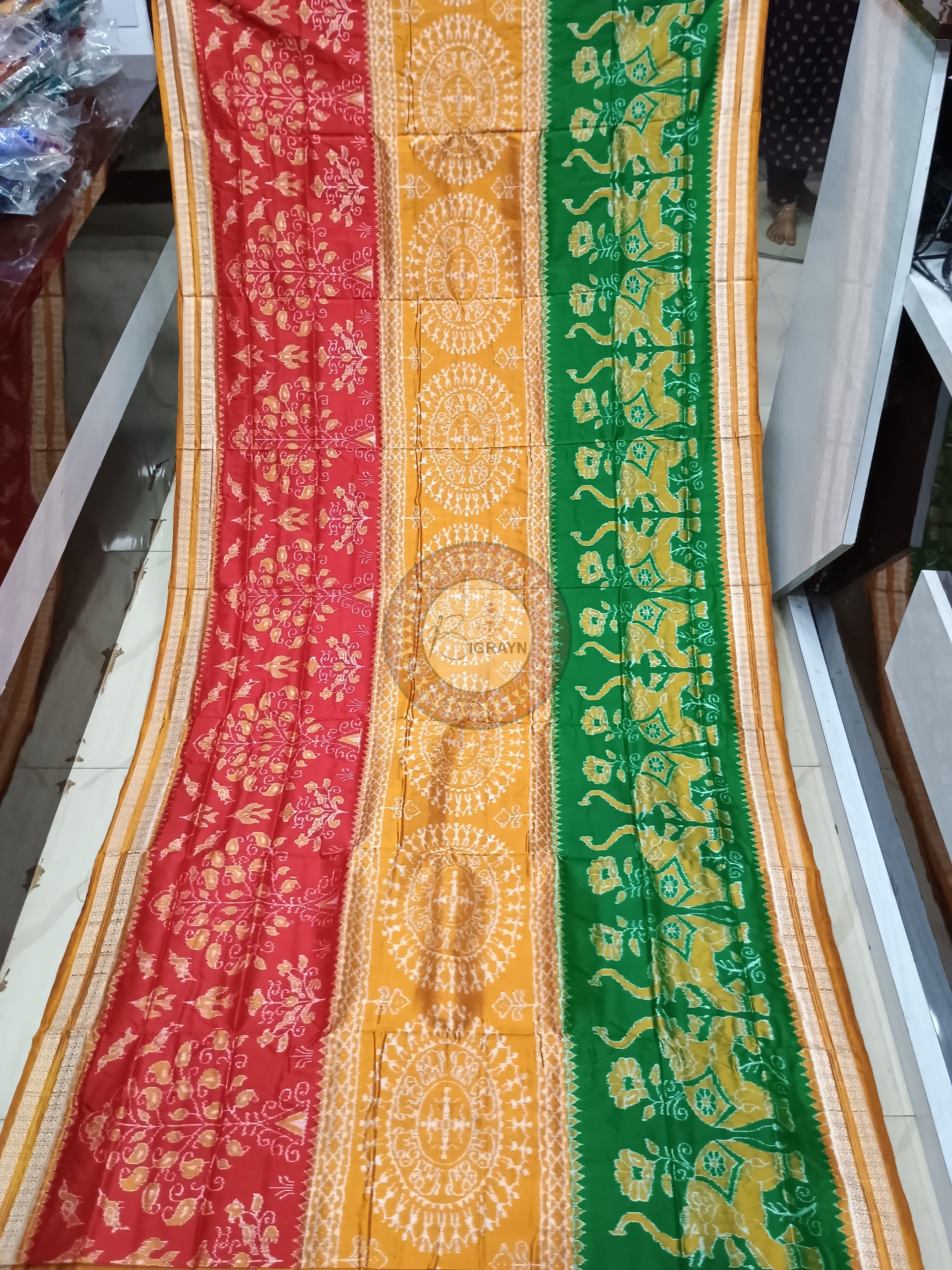 Mustard Yellow Green Red Tribal Odisha Handloom Sambalpuri Silk Saree