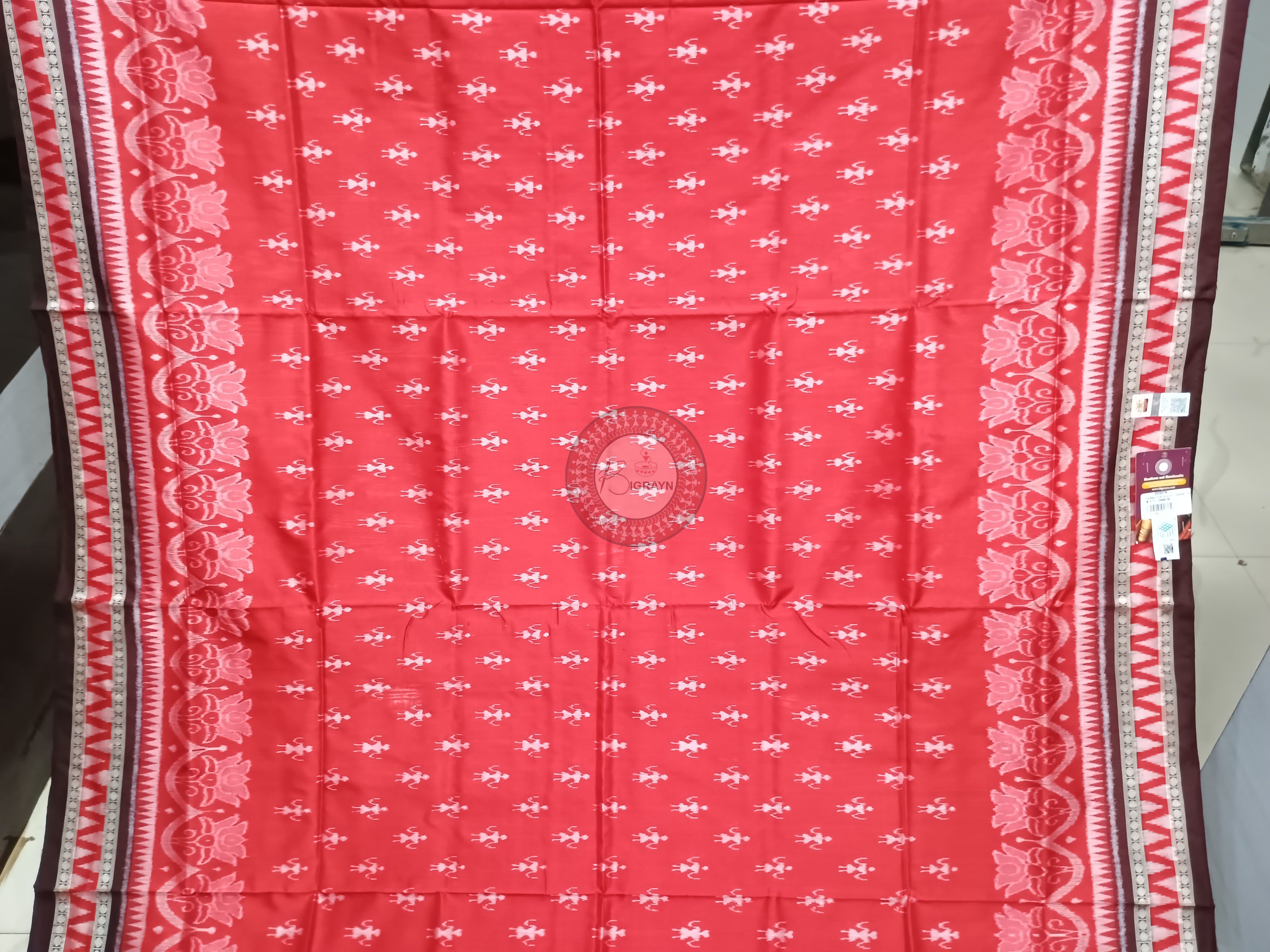 Red Coffee Scot Lotus Tribal Odisha Handloom Sambalpuri Silk Saree