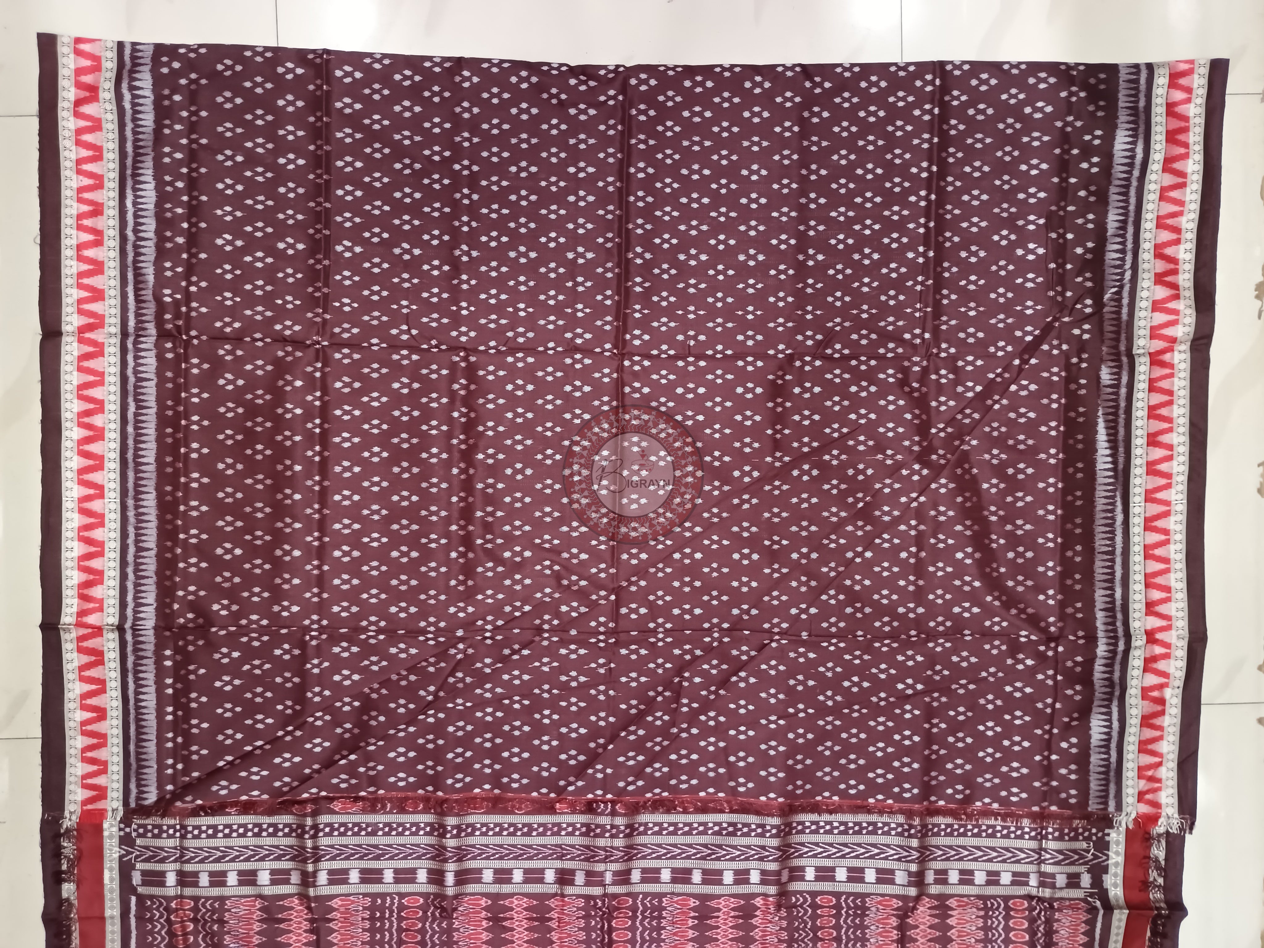 Red Coffee Scot Lotus Tribal Odisha Handloom Sambalpuri Silk Saree