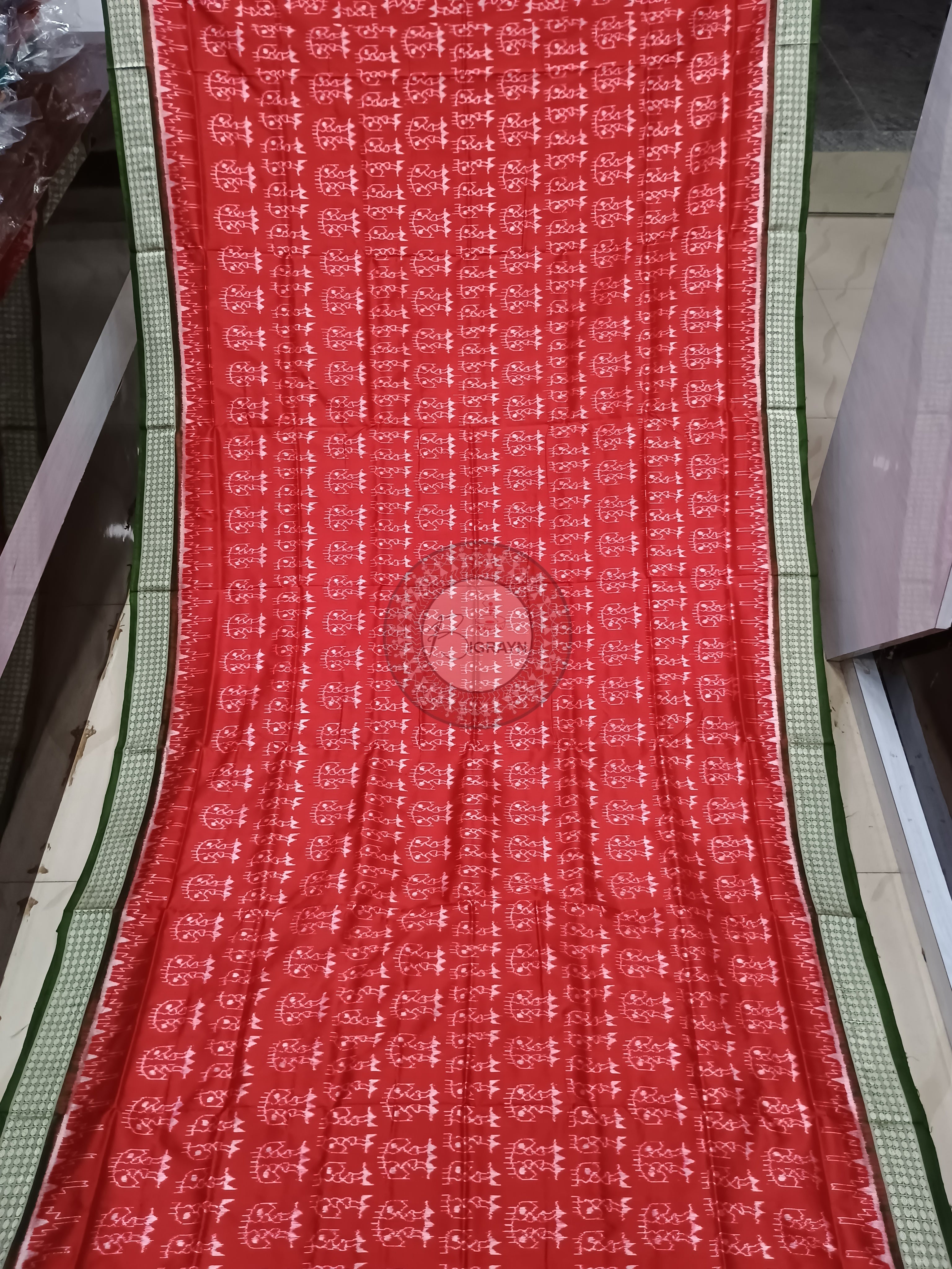 Red Mehendi Green Tribal Odisha Handloom Sambalpuri Silk Saree
