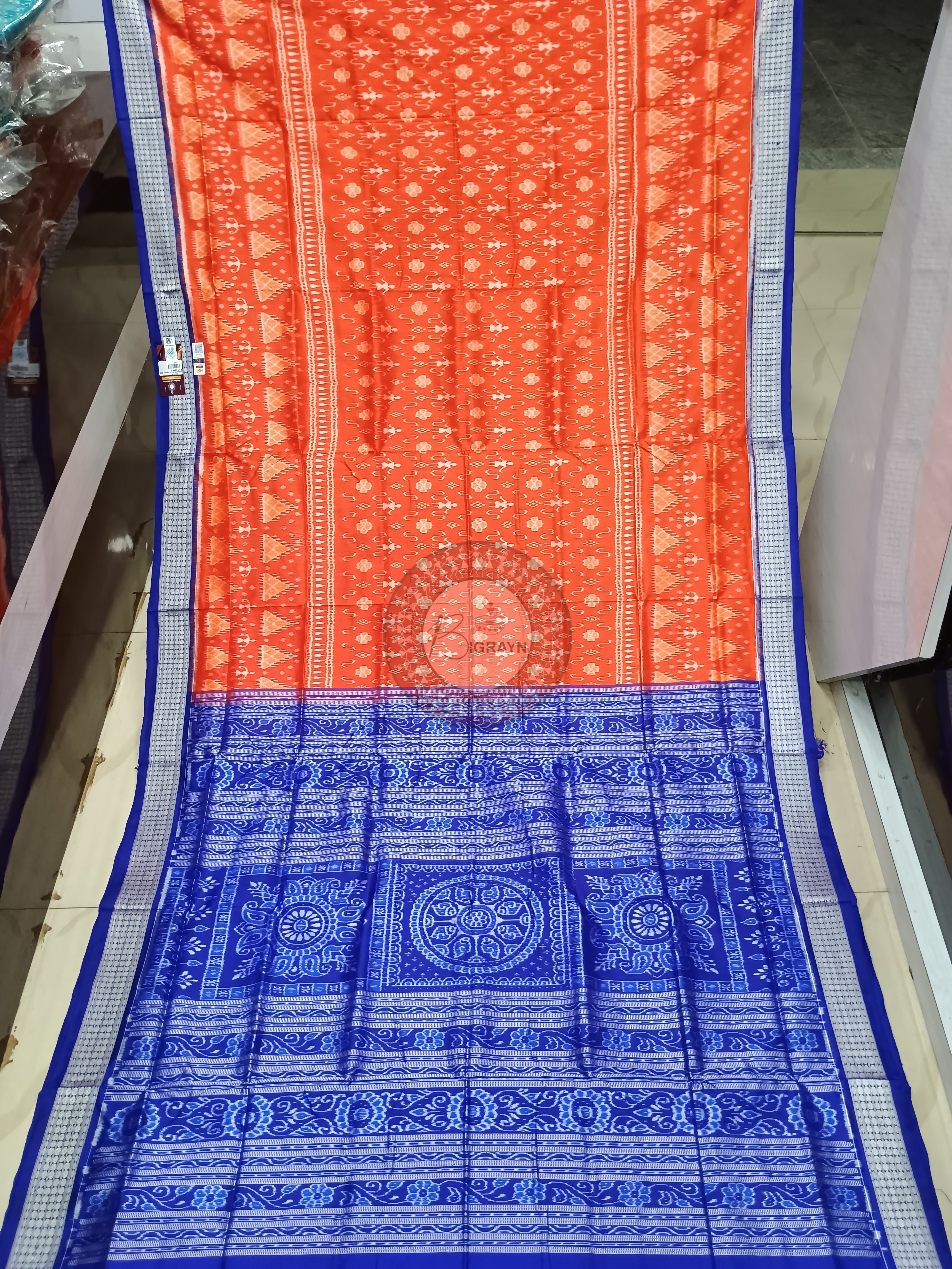 Orange Blue Tribal Ek Chandia Odisha Handloom Sambalpuri Silk Saree