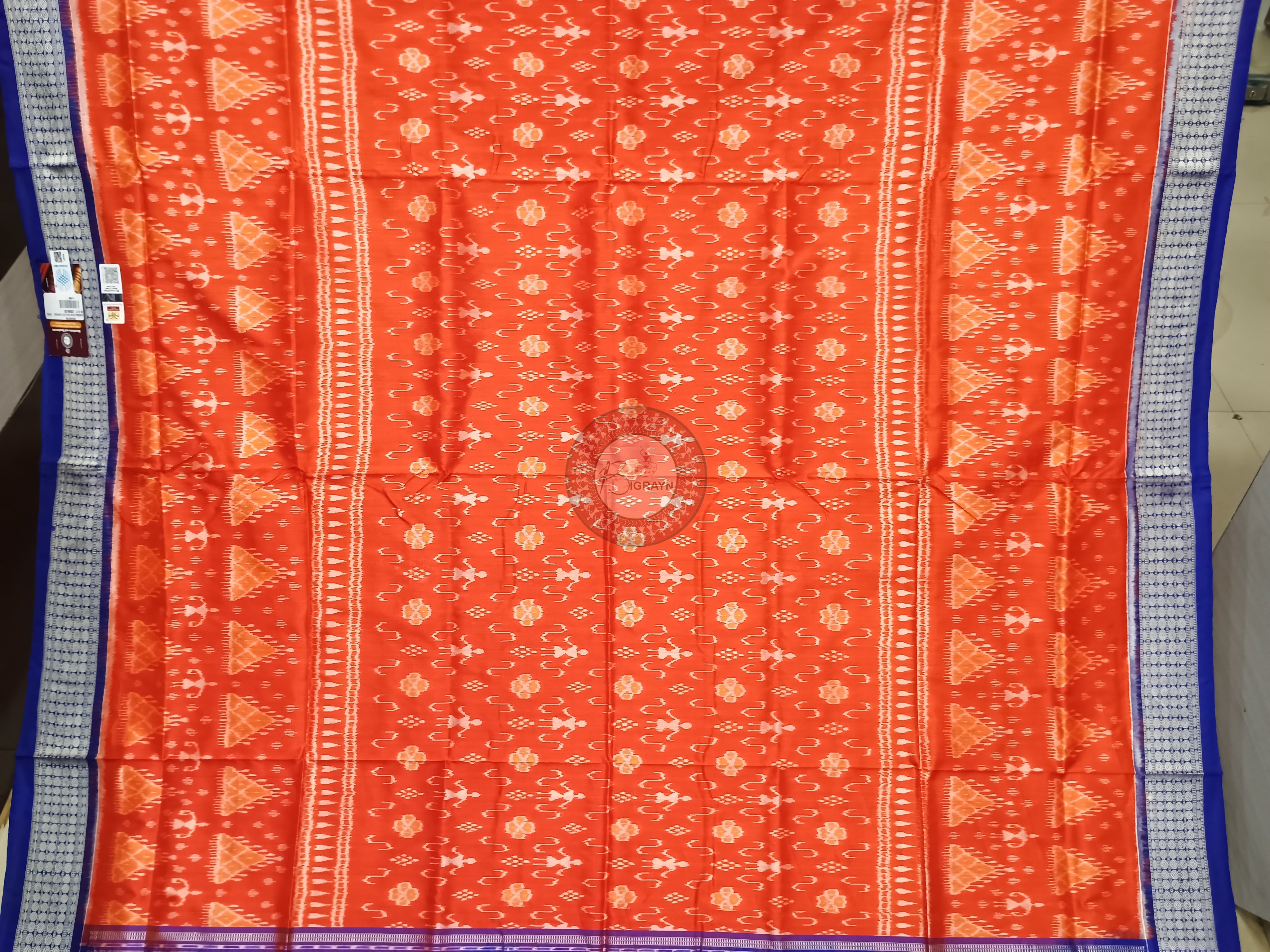 Orange Blue Tribal Ek Chandia Odisha Handloom Sambalpuri Silk Saree