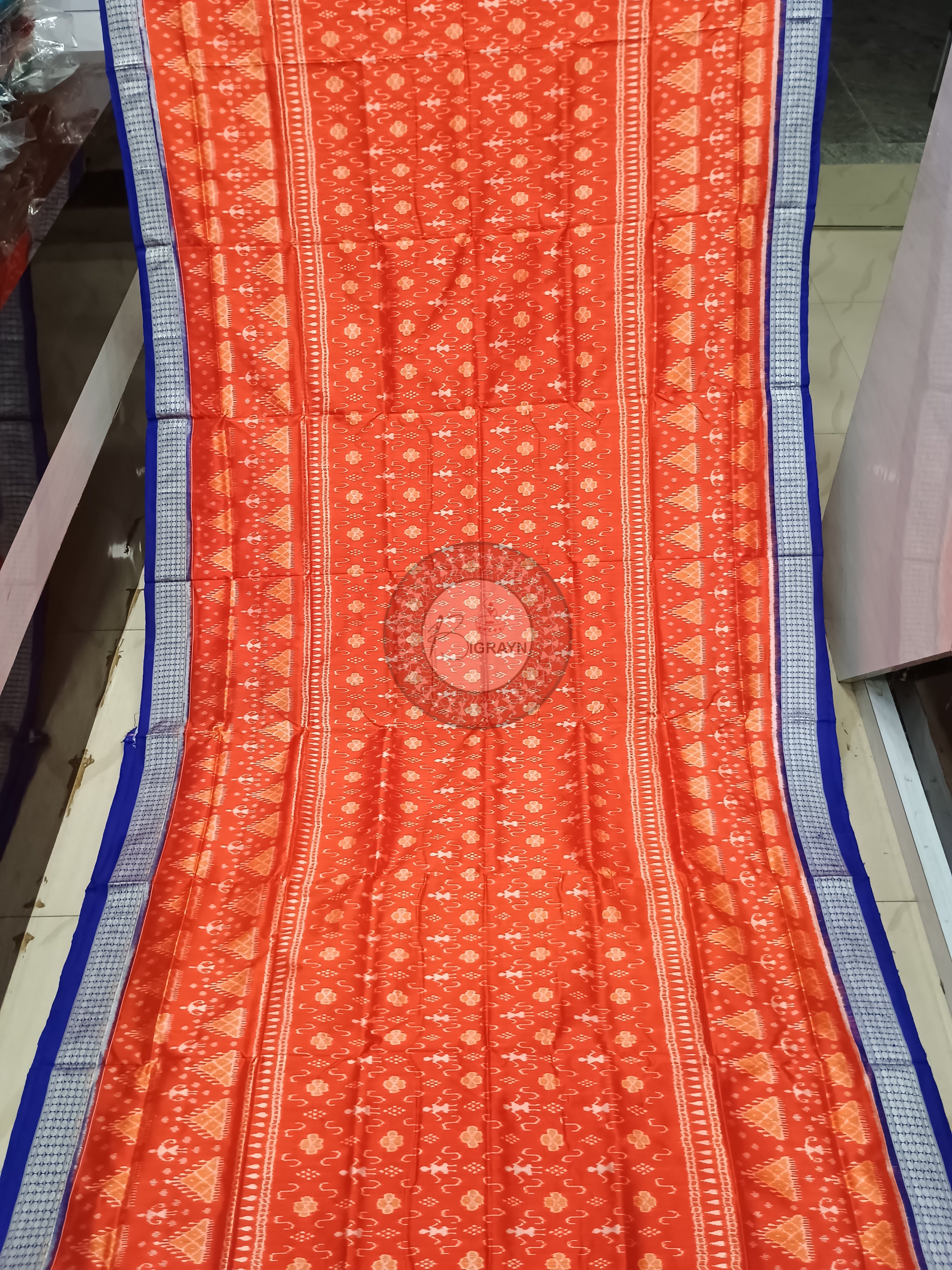 Orange Blue Tribal Ek Chandia Odisha Handloom Sambalpuri Silk Saree