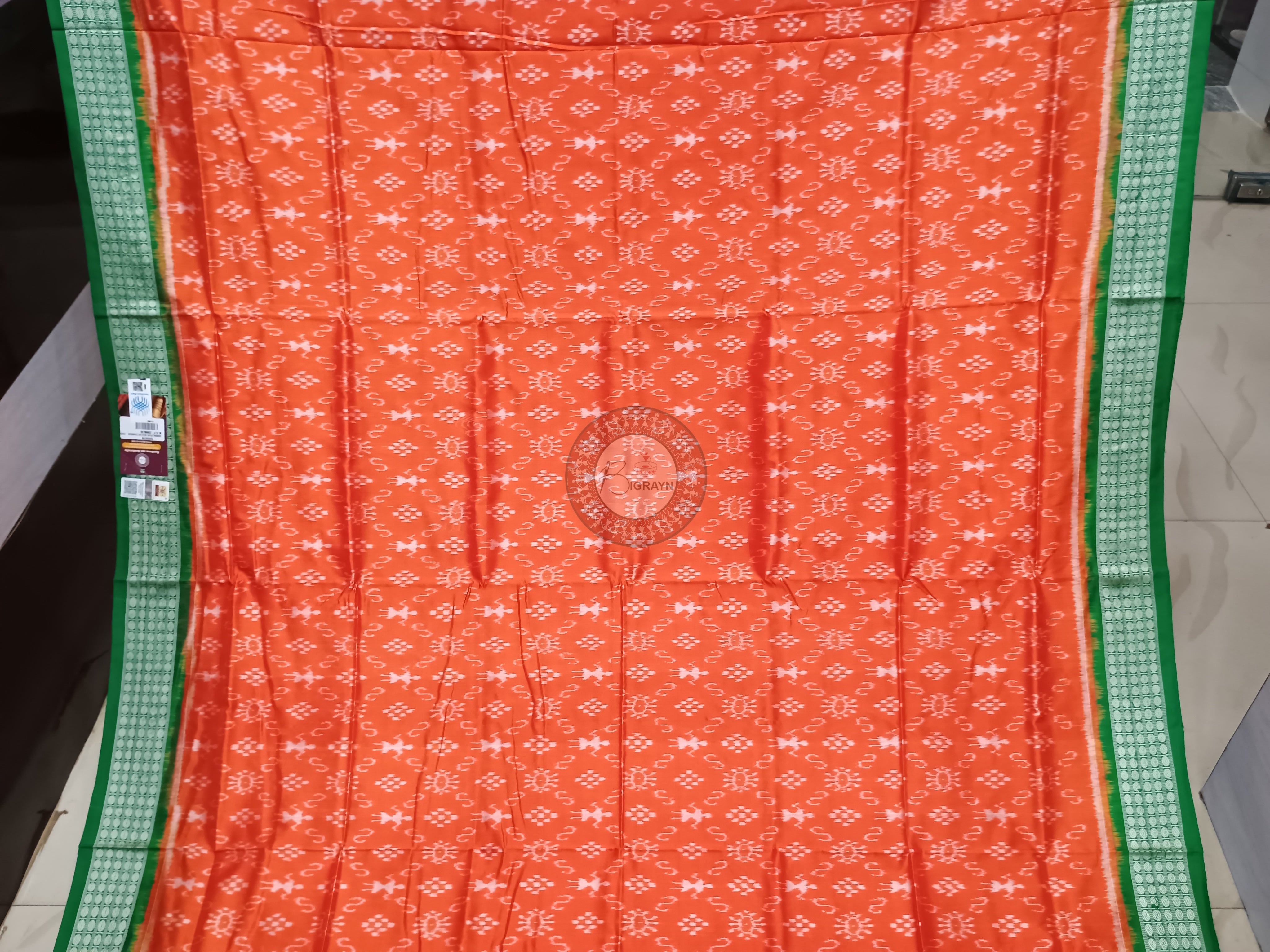 Orange Green Tribal Ek Chandia Odisha Handloom Sambalpuri Silk Saree